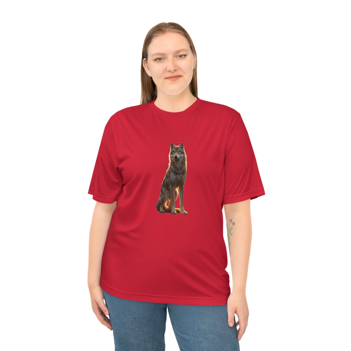 Golden Hour Wolf Unisex Zone Performance T-shirt – Sentient Silhouette at Twilight