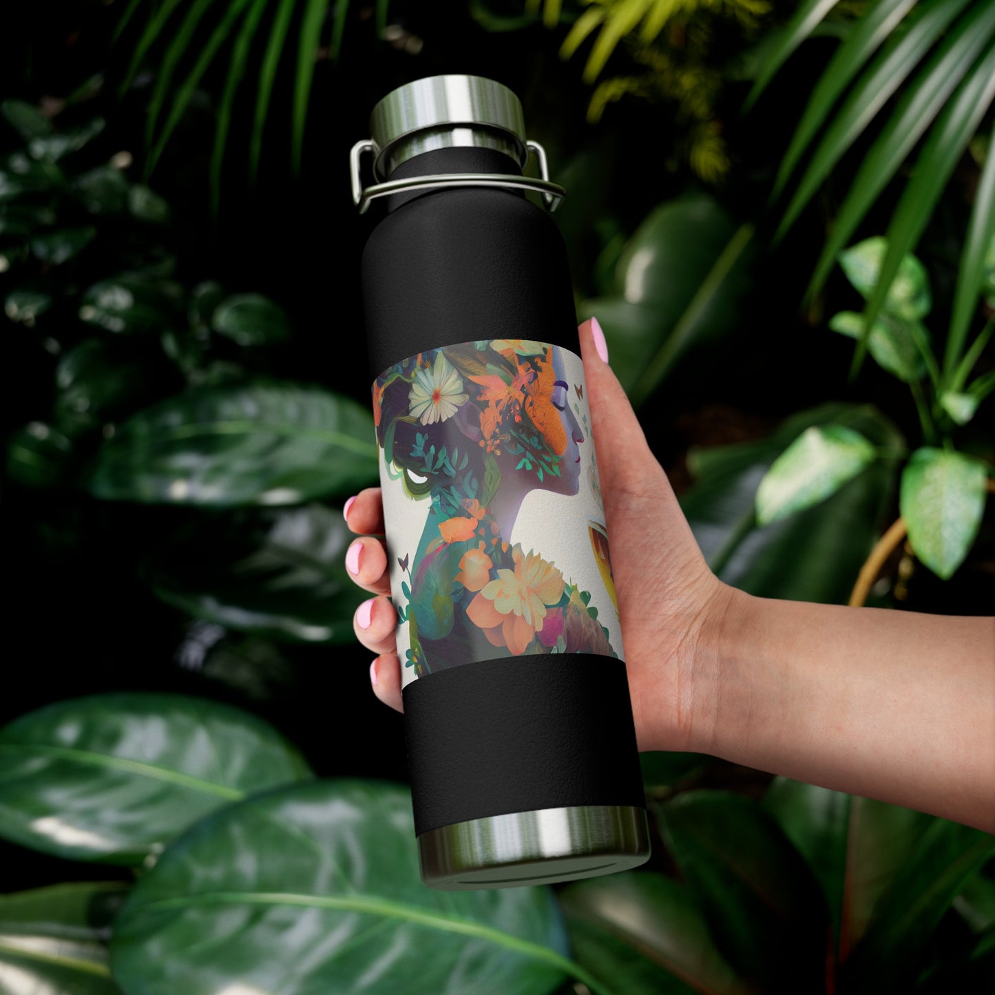 character design, double exposure shot, front profile of a beautiful tea faerie filled with a blooming amazonian jungle, happiness - Copper Vacuum Insulated Bottle, 22oz