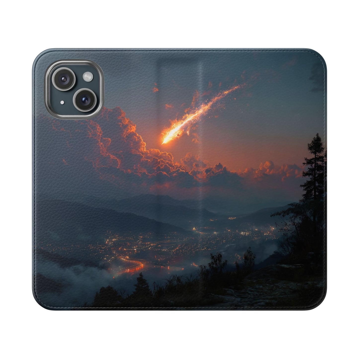 Meteor Over Valley Flip Cases – Crimson Sky Sentinel Cover