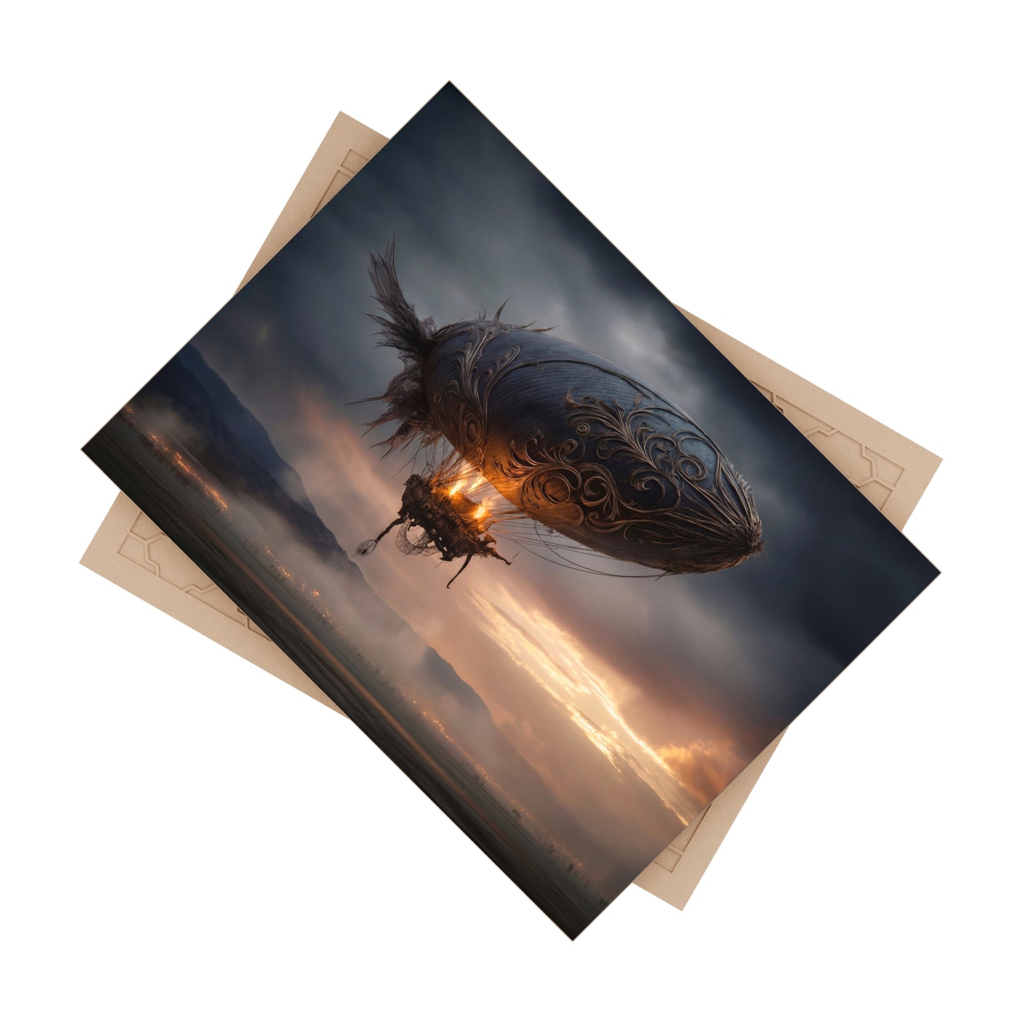 Ornate Airship Ceramic Photo Tile – Sunset Flight Through Stormy Skies