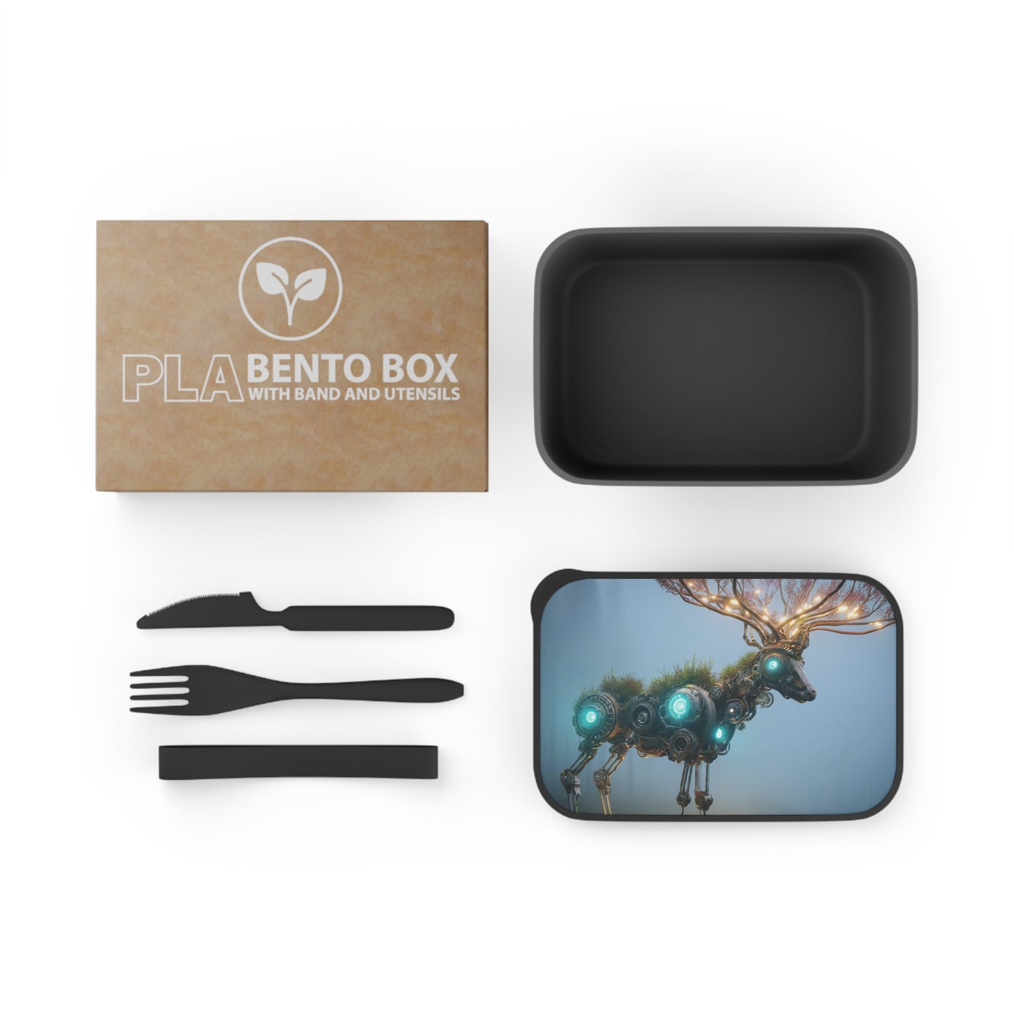 Cybernetic Forest Stag PLA Bento Box with Band and Utensils – Glowing Circuitry & Blooming Antlers