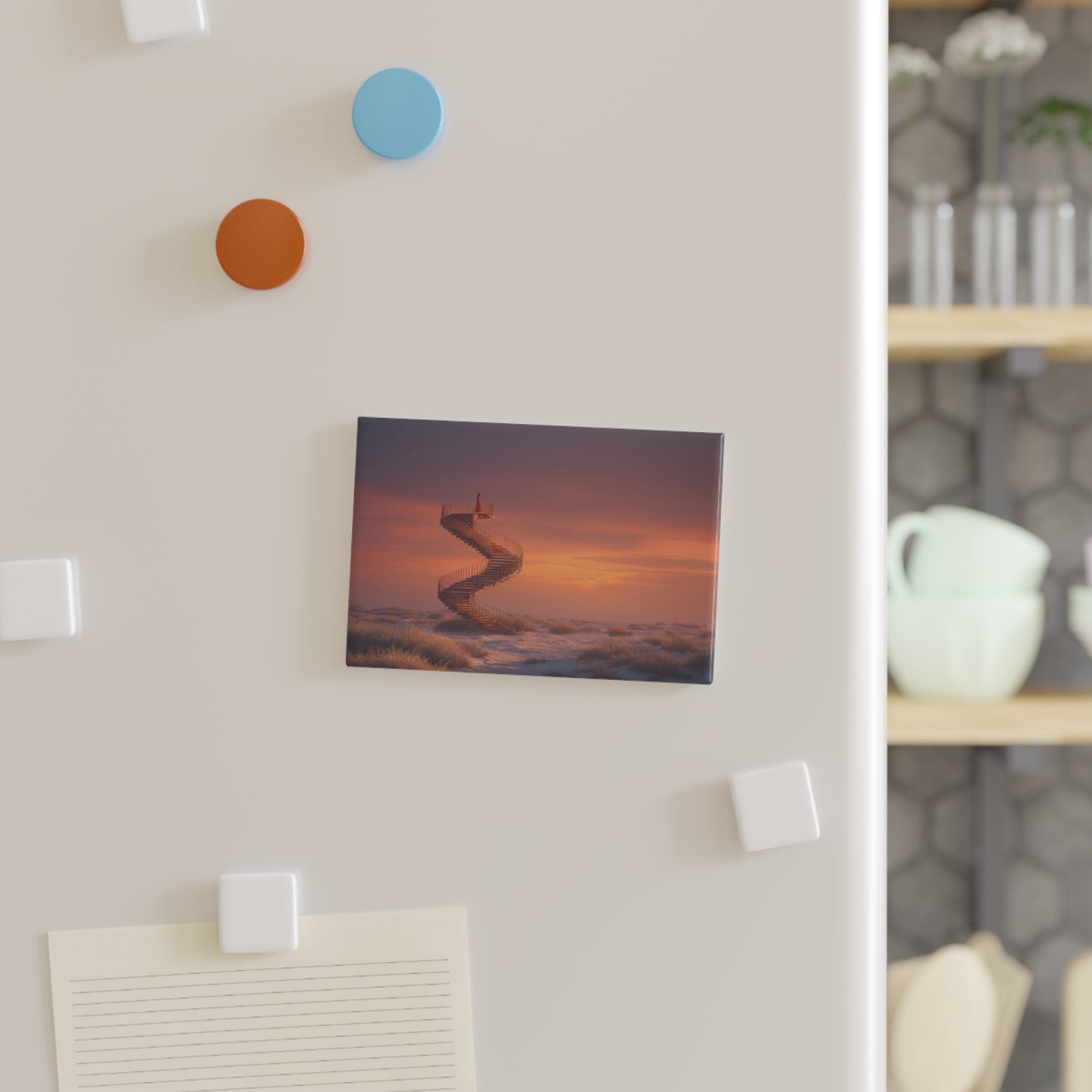 Spiral Staircase Sunset Magnet – Red Robe Ascension in Golden Twilight