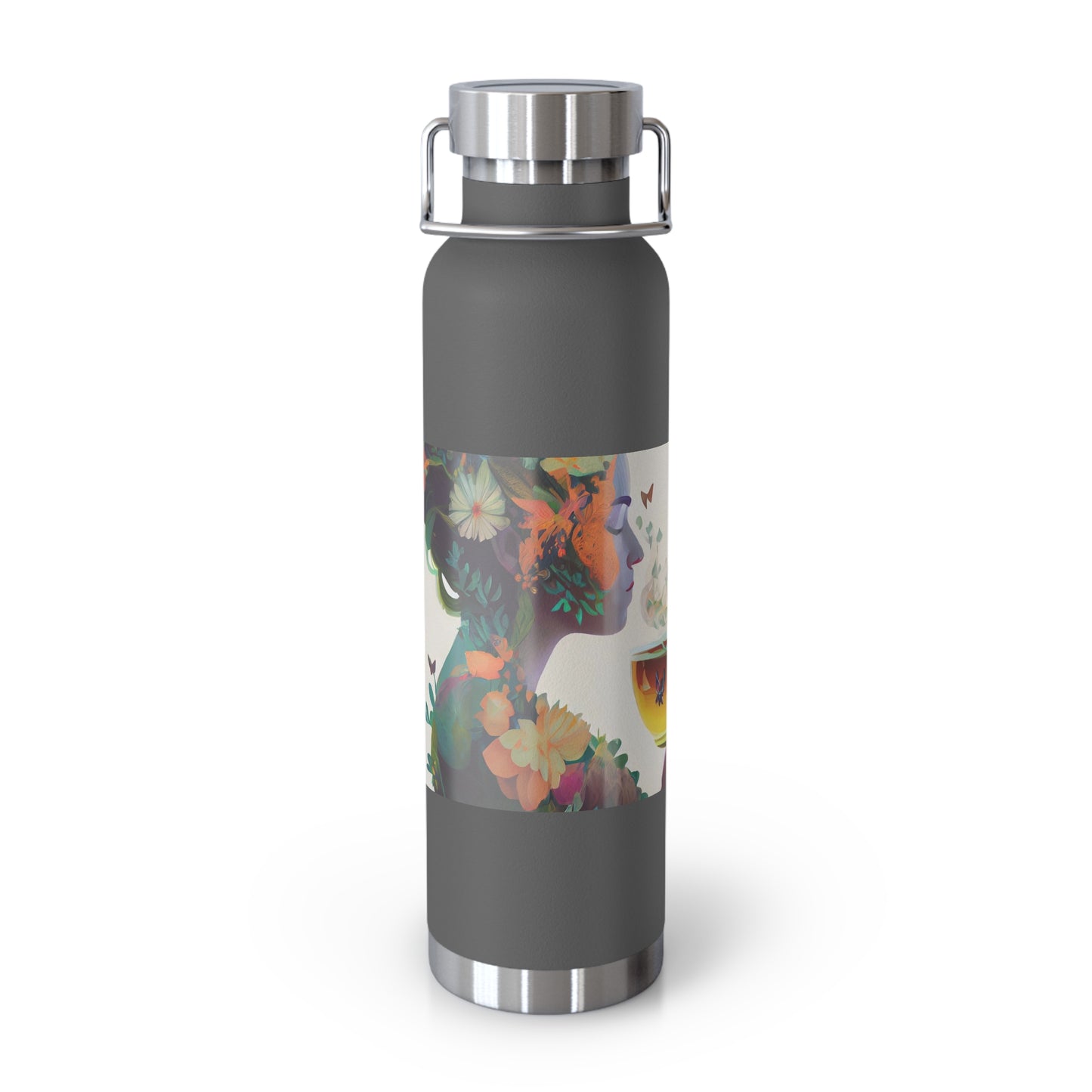 character design, double exposure shot, front profile of a beautiful tea faerie filled with a blooming amazonian jungle, happiness - Copper Vacuum Insulated Bottle, 22oz