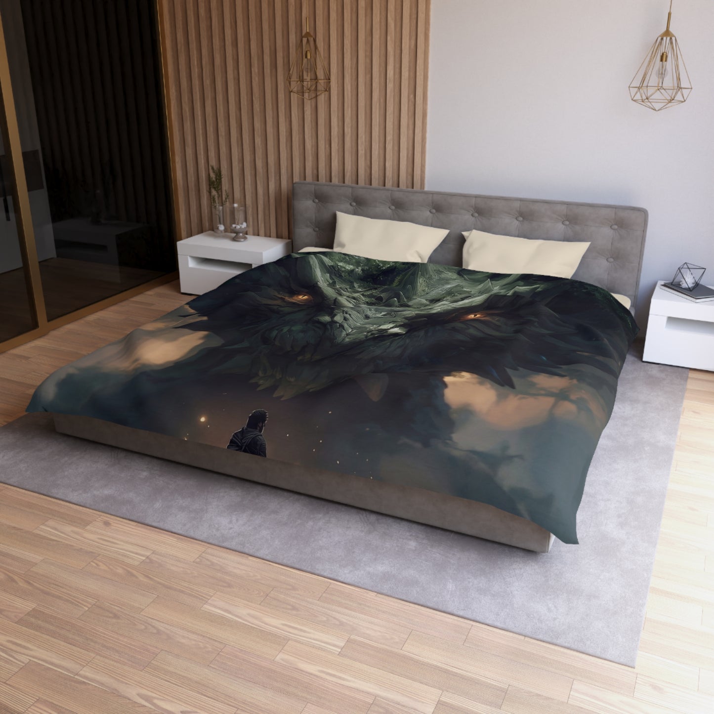 Ancient Dragon Sentinel Microfiber Duvet Cover – Forest Guardian at Dusk