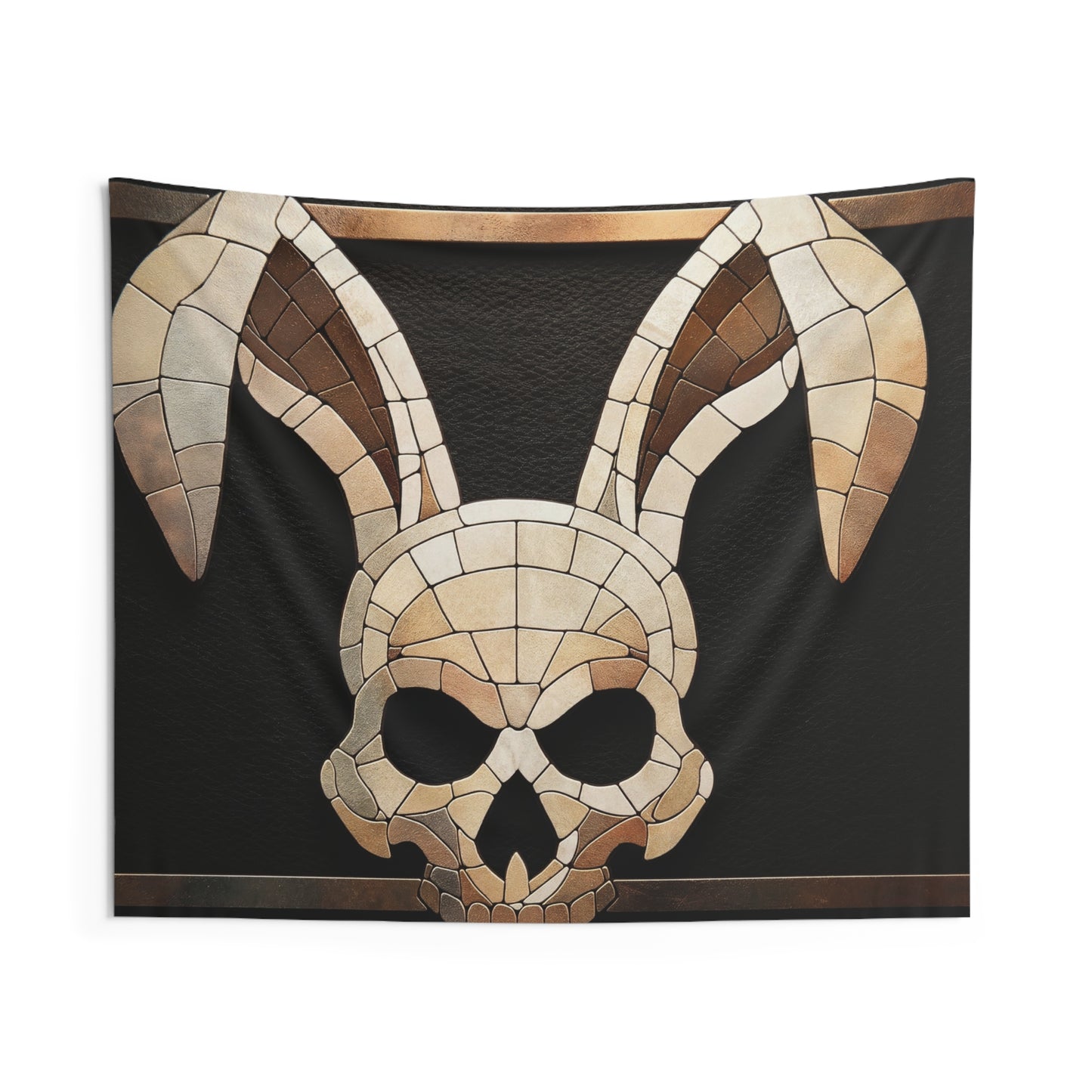Mosaic Bunny Skull Wall Tapestry – Antique Bone & Copper Dreamscape