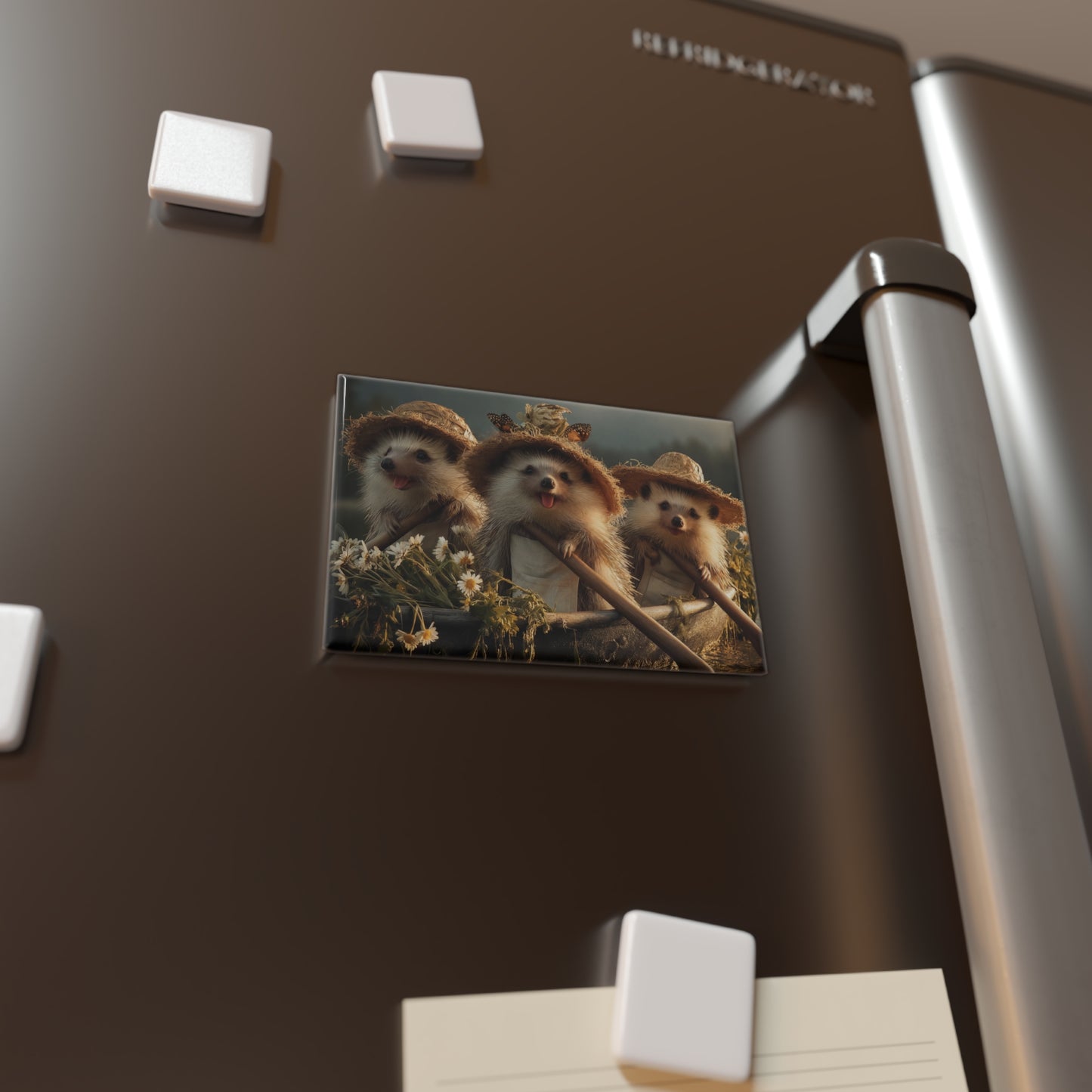 Three Hedgehog Rowers Button Magnet, Rectangle (1 & 10 pcs) – Golden Hour Pond Adventure