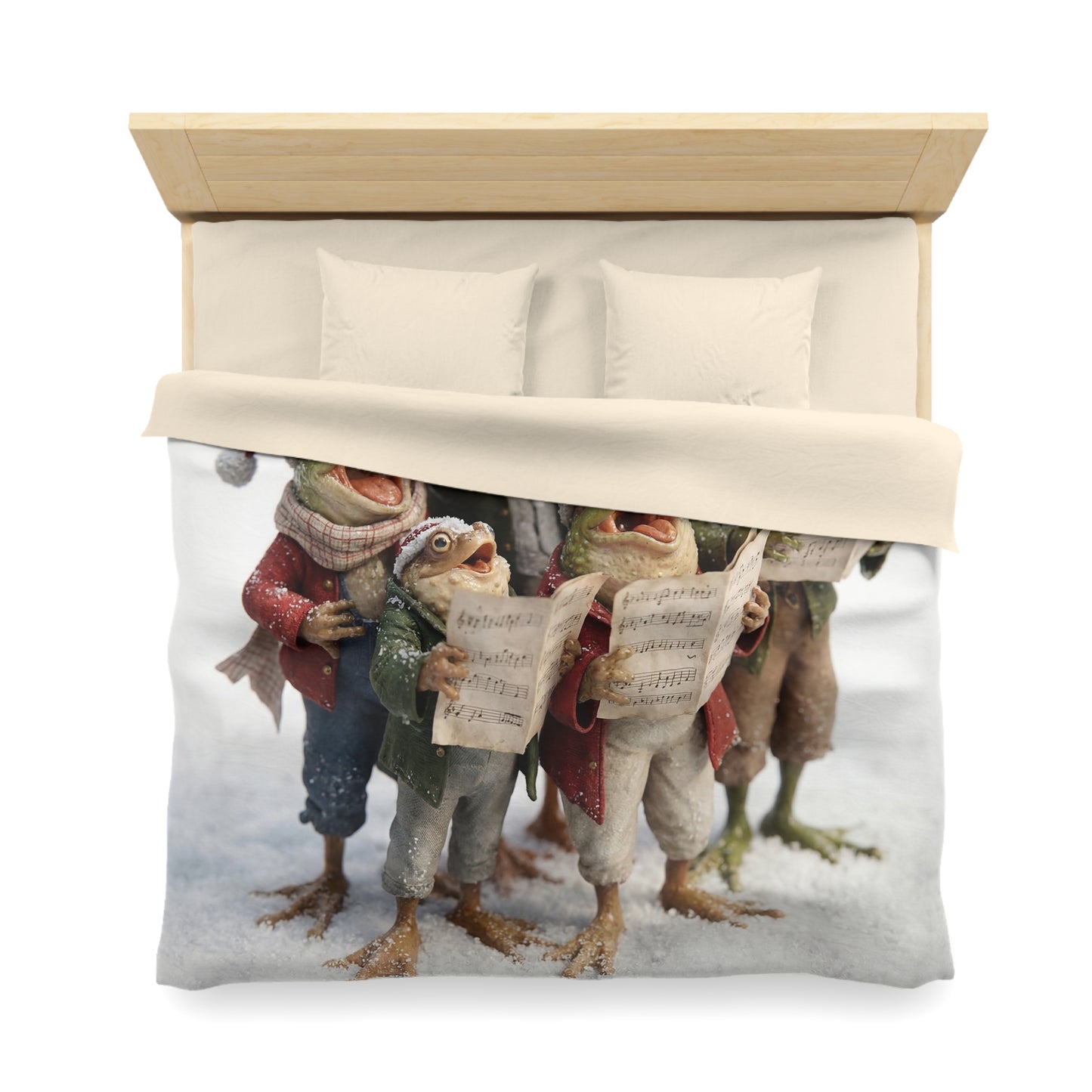Frogs in Snow Choir Microfiber Duvet Cover – Winter Carolers in Frosty Harmony