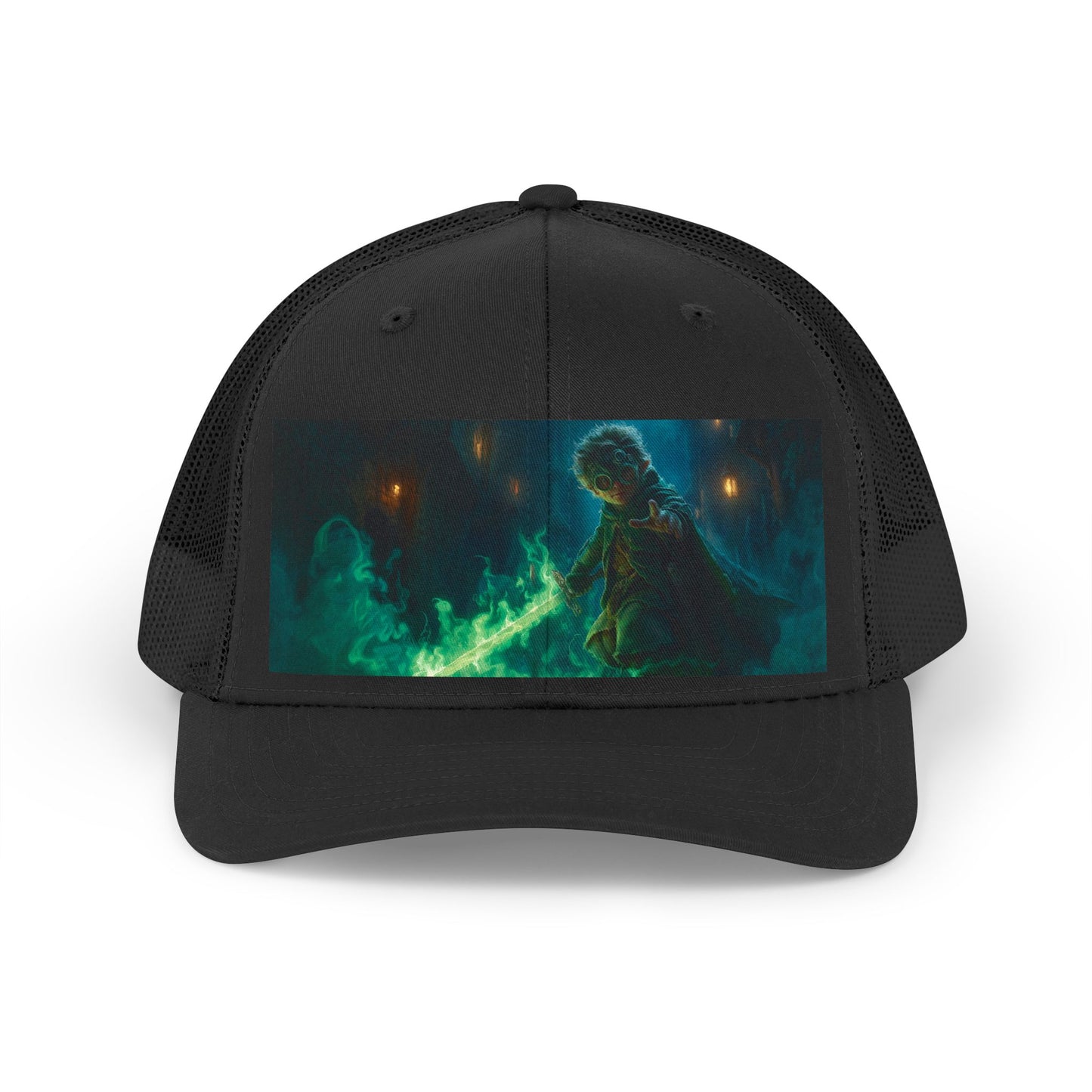 Alchemist Elf Trucker Retro Hat – Green Flame Sword Guardian