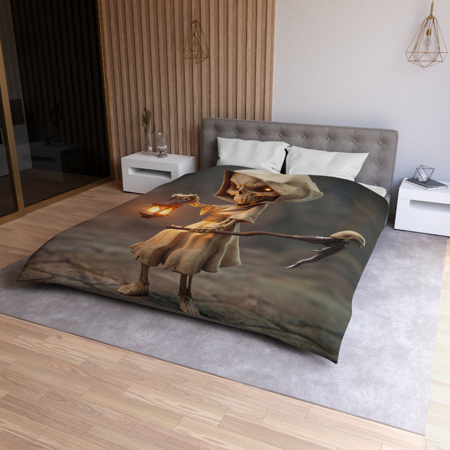 Lantern-Bearing Reaper Microfiber Duvet Cover – Warm Light Through the Veil