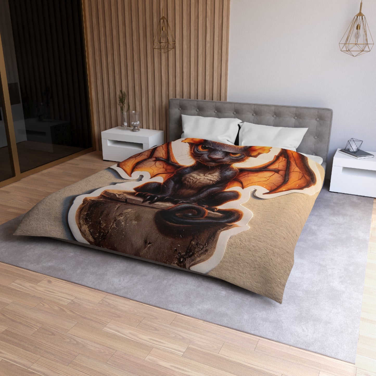 Winged Feline Sentinel Microfiber Duvet Cover – Amber Glow in Shadowed Gaze