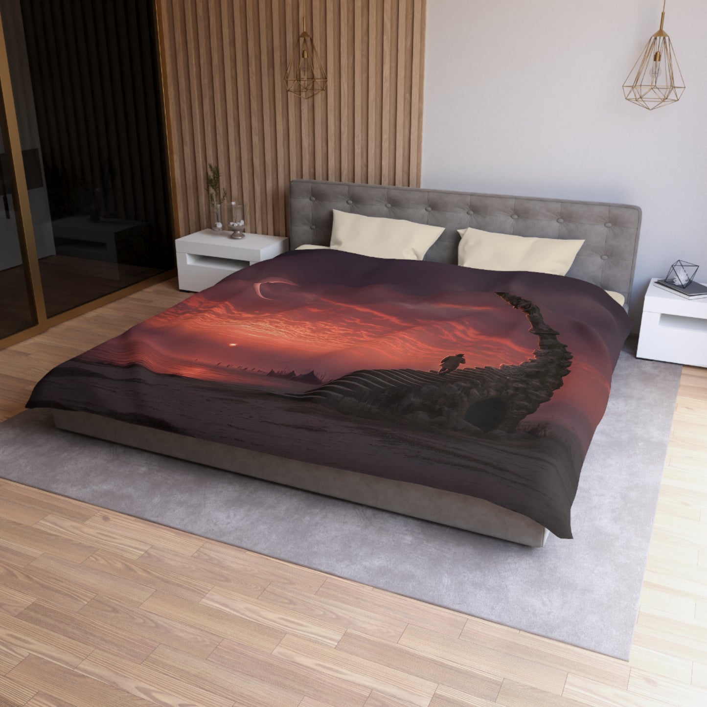 Crimson Horizon Staircase Duvet Cover – Lone Walker at Twilight