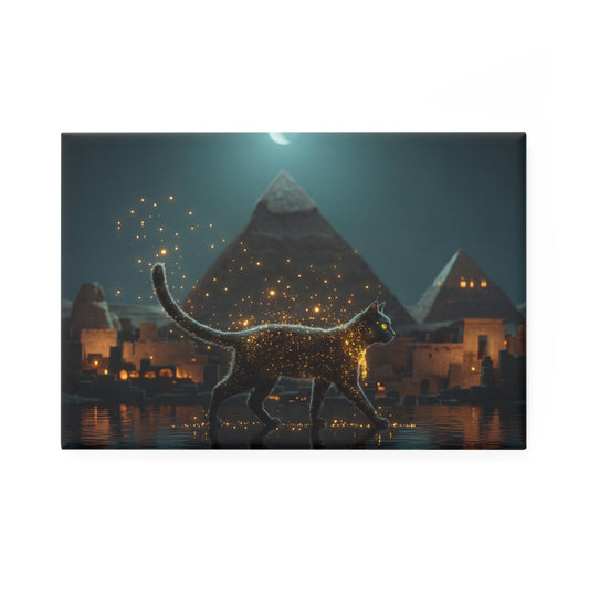Starlight Cat by Pyramids Button Magnet, Rectangle (1 & 10 pcs) – Midnight Guardian of the Nile