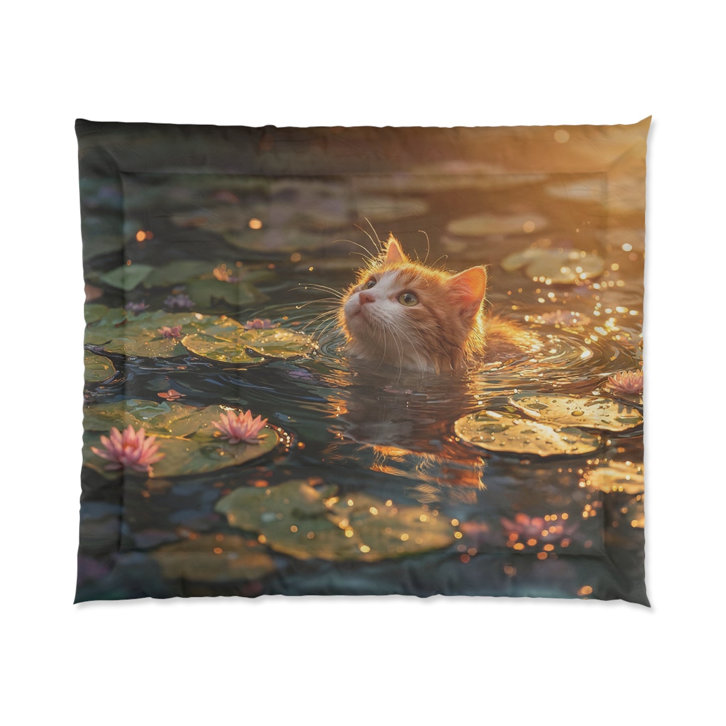 Sunlit Cat in Lotus Pond Comforter – Golden Hour Water Garden Dreamscape