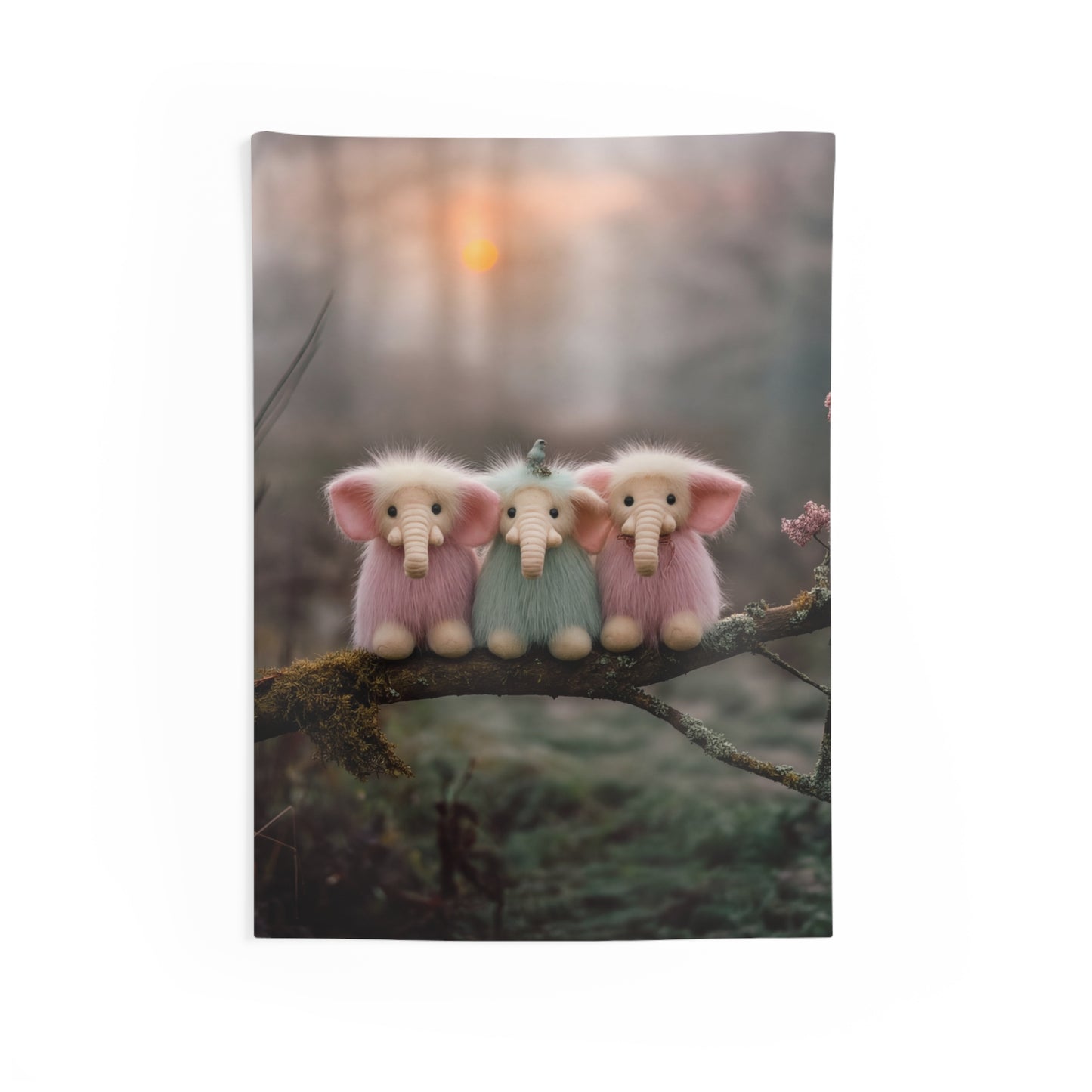 Trio of Furry Elephants Indoor Wall Tapestries – Dawn’s Whisper in the Mist