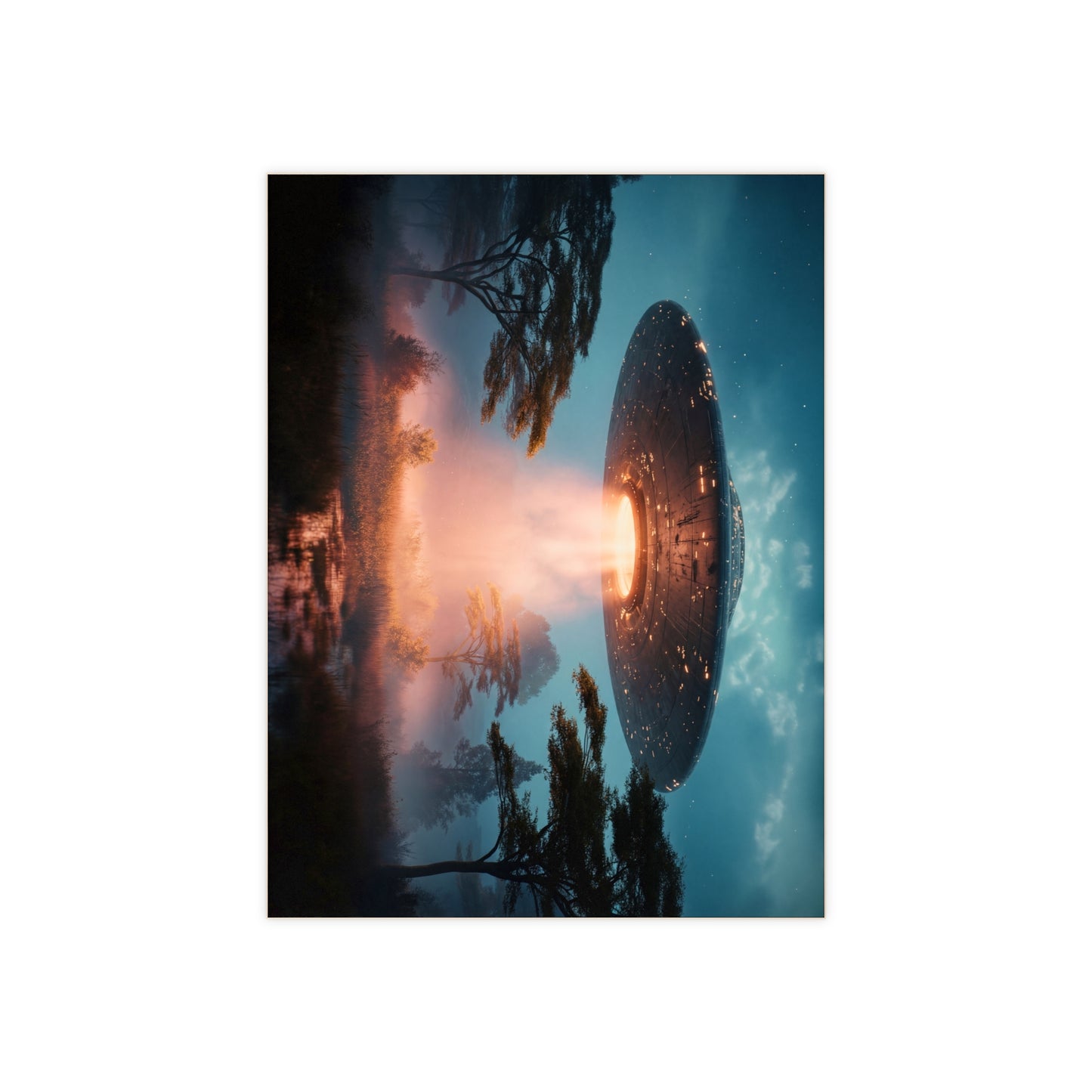 UFO Over Savannah Ceramic Photo Tile – Warm Light on Misty Earth