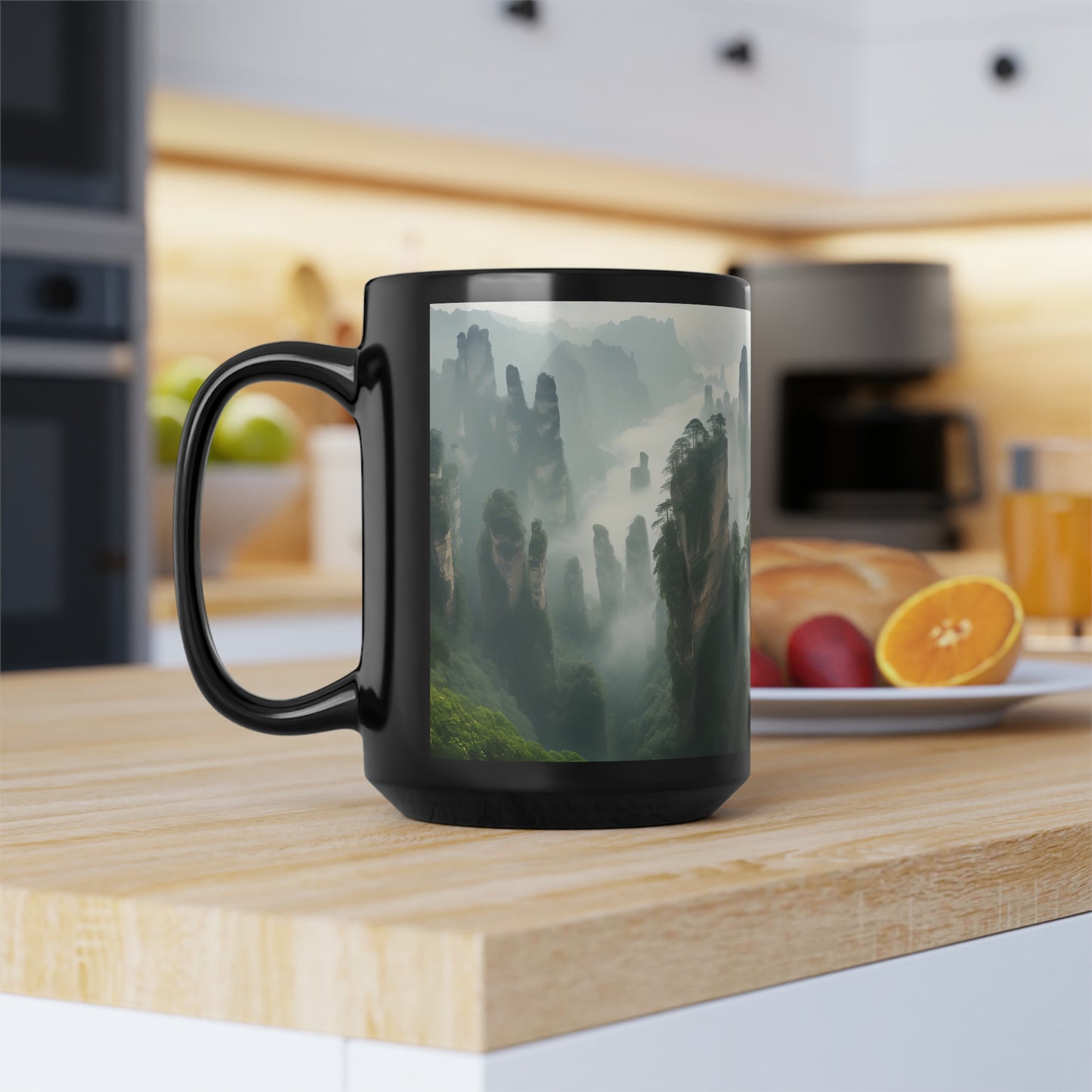 Captivating panoramic image of the Zhangjiajie National Forest Park in China, showcasing the towering sandstone pillars shrouded in mist - Mug, Black