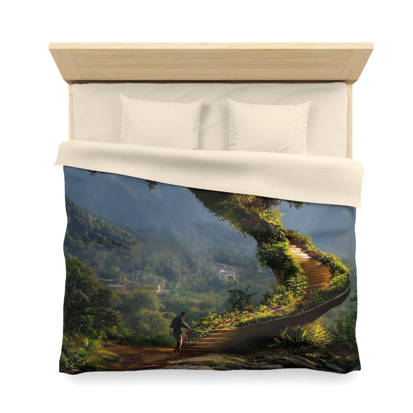 Treehouse Sanctuary Microfiber Duvet Cover – Spiral Stairway to a Mountain Haven