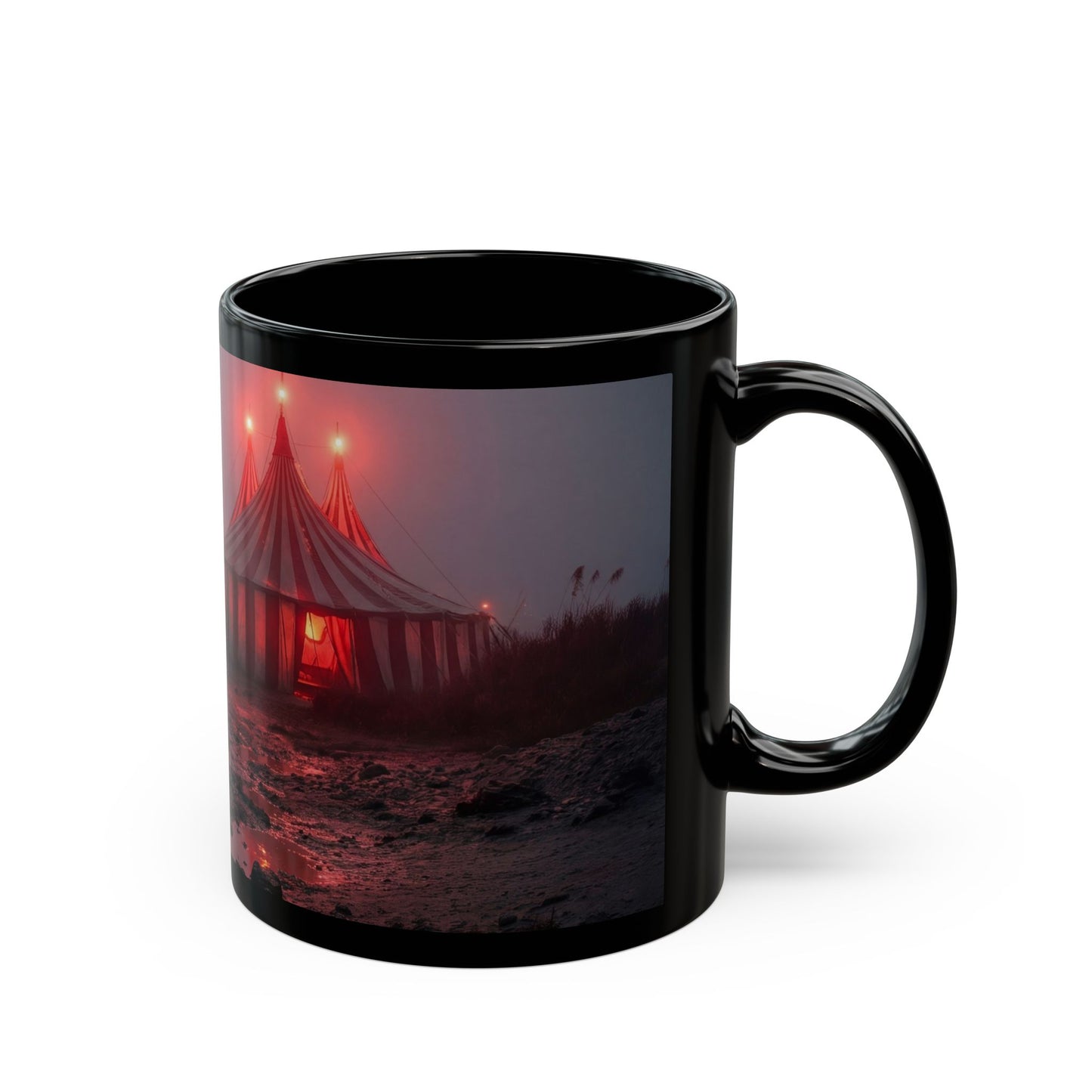 Crimson Carnival Tent Black Mug – Foggy Shoreside Spectacle