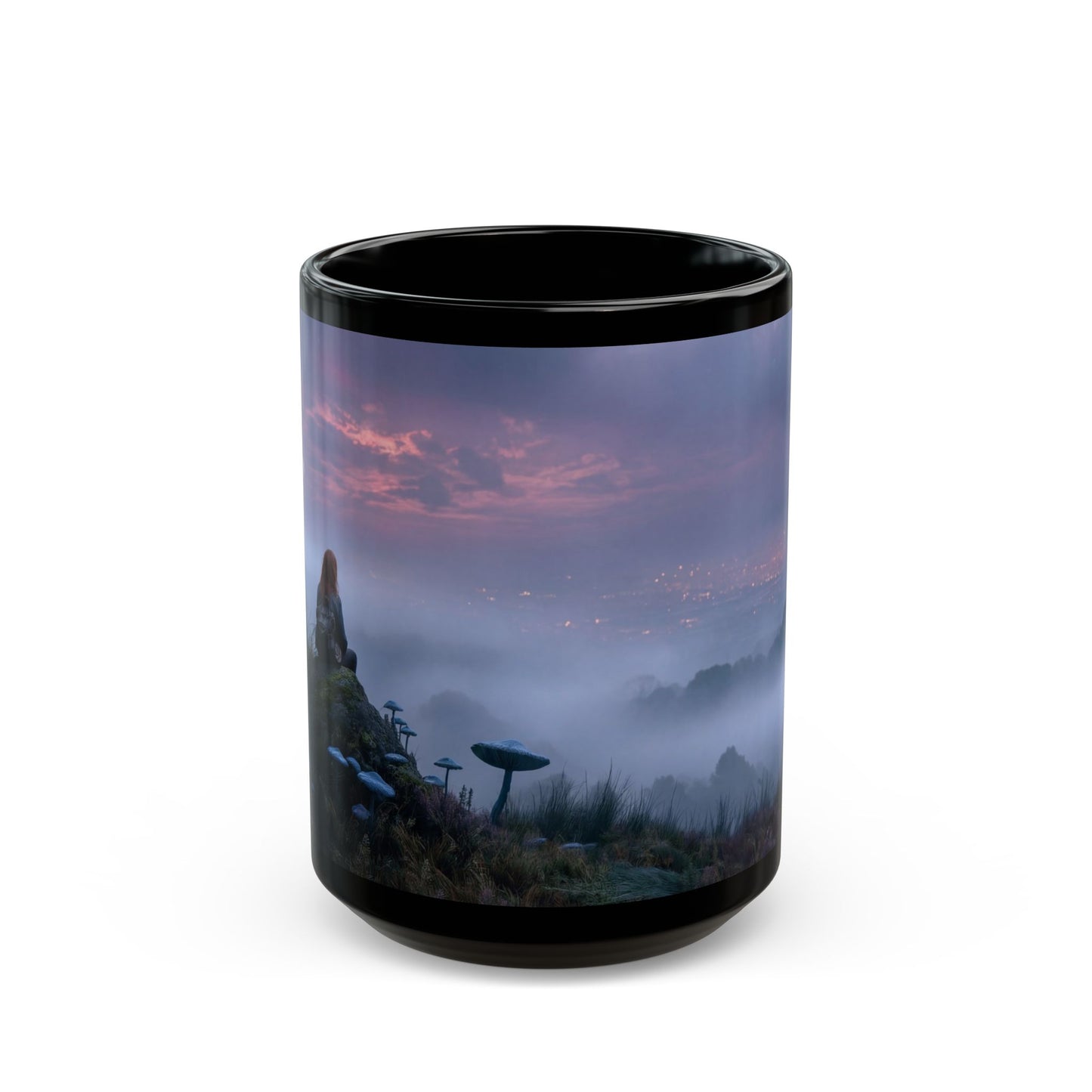Solitary Sentinel Mug – Twilight Over Cityscape with Moon and Mushrooms
