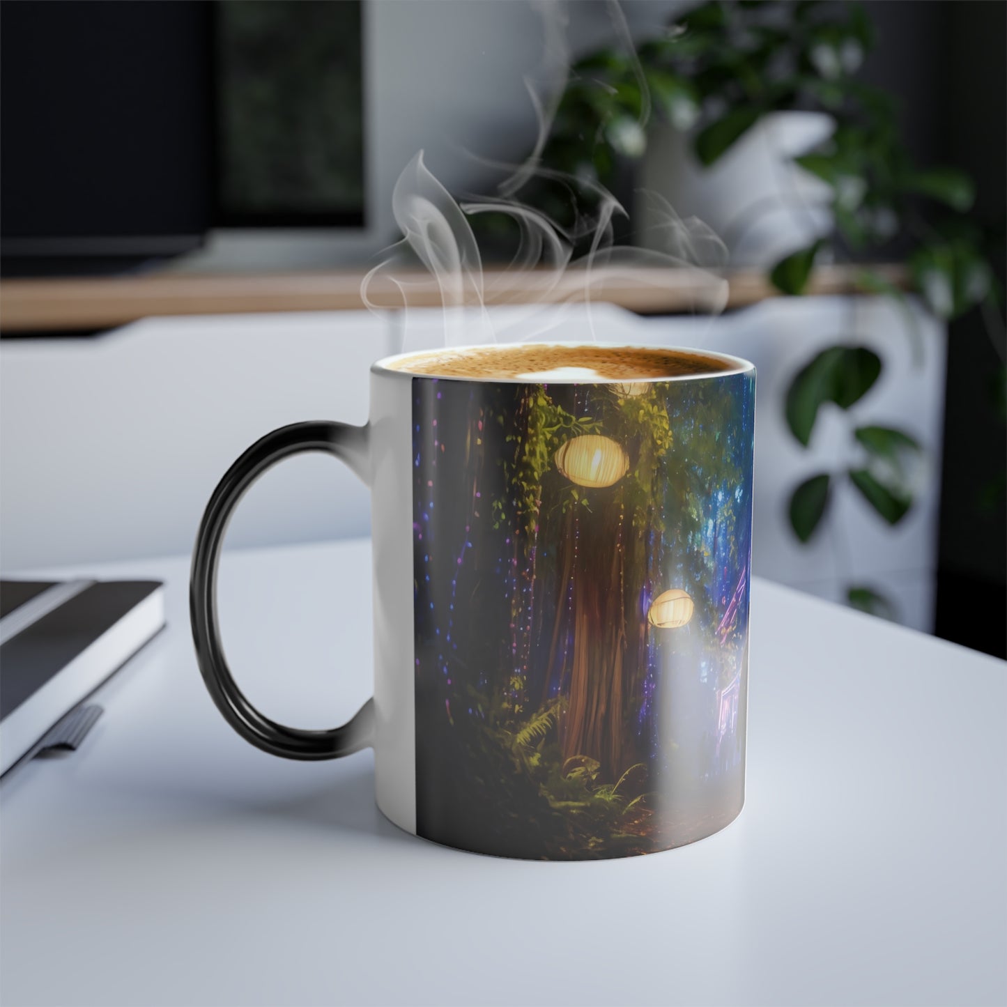 "A cyberpunk vision of the Oregon Country Fair, where neon lights illuminate the path, holographic performers entertain the crowd, and the merry blend of tradition and technology creates an enthralling spectacle." - Color Morphing Mug, 11oz