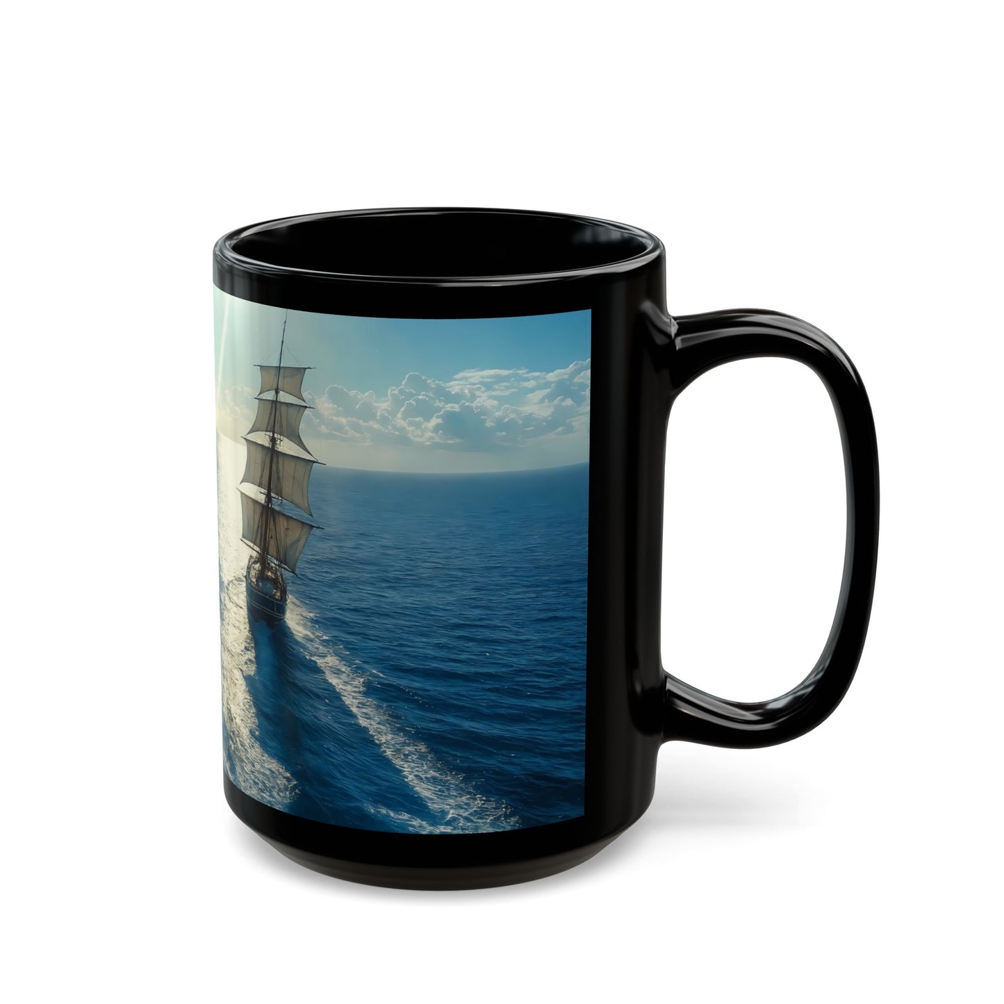 Sunlit Galleon Black Mug – Voyage Through Azure Horizons