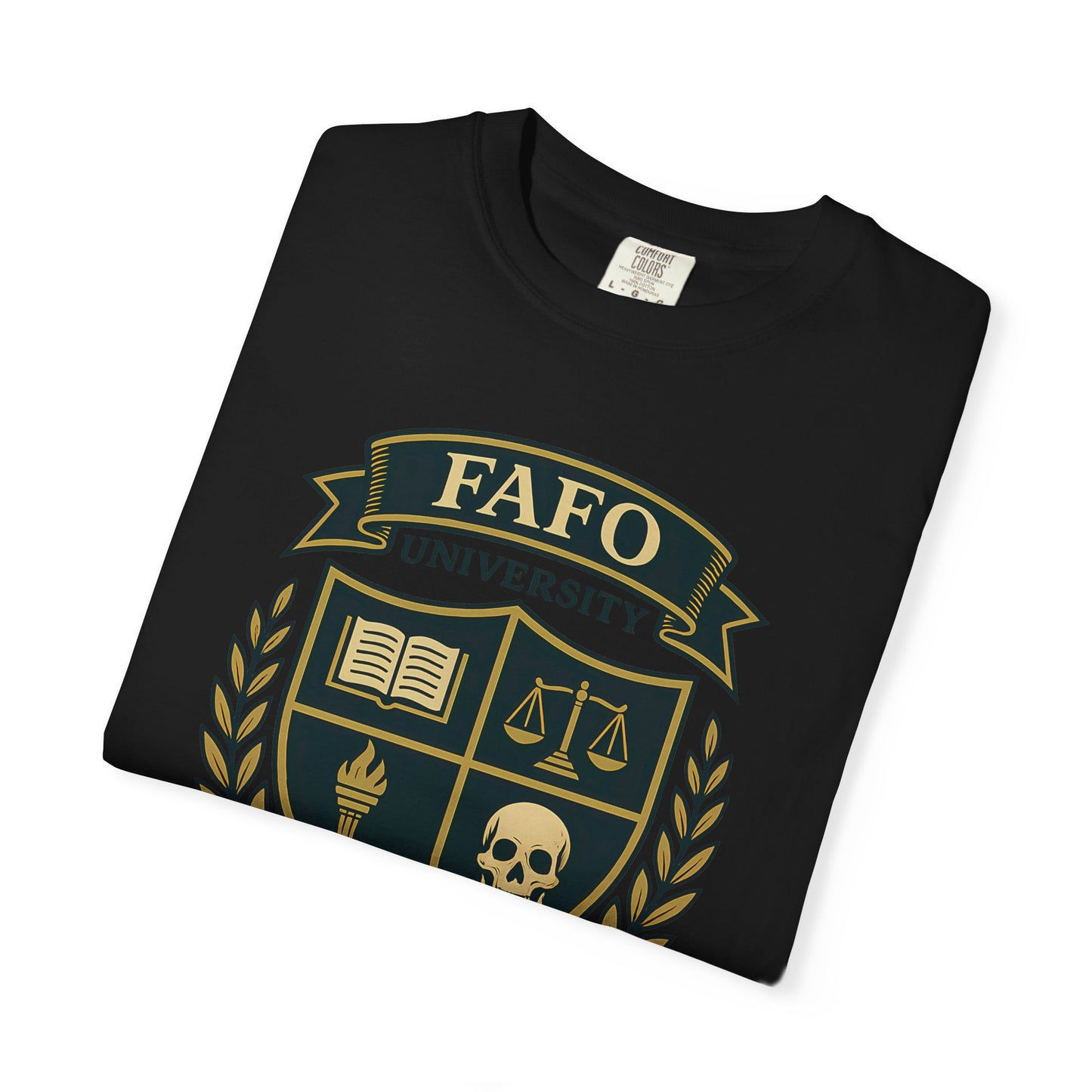 FAFO University Crest Tee - Gothic Skull & Book Shield Design