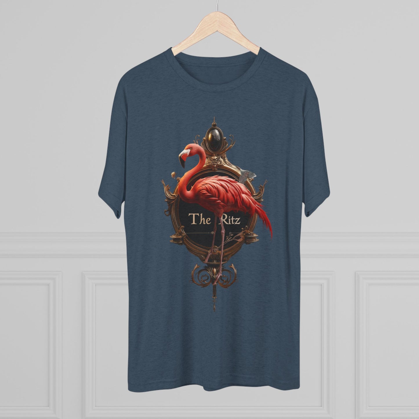 The Ritz Flamingo Sign Tri-Blend Crew Tee – Velvet Gold and Crimson Crest