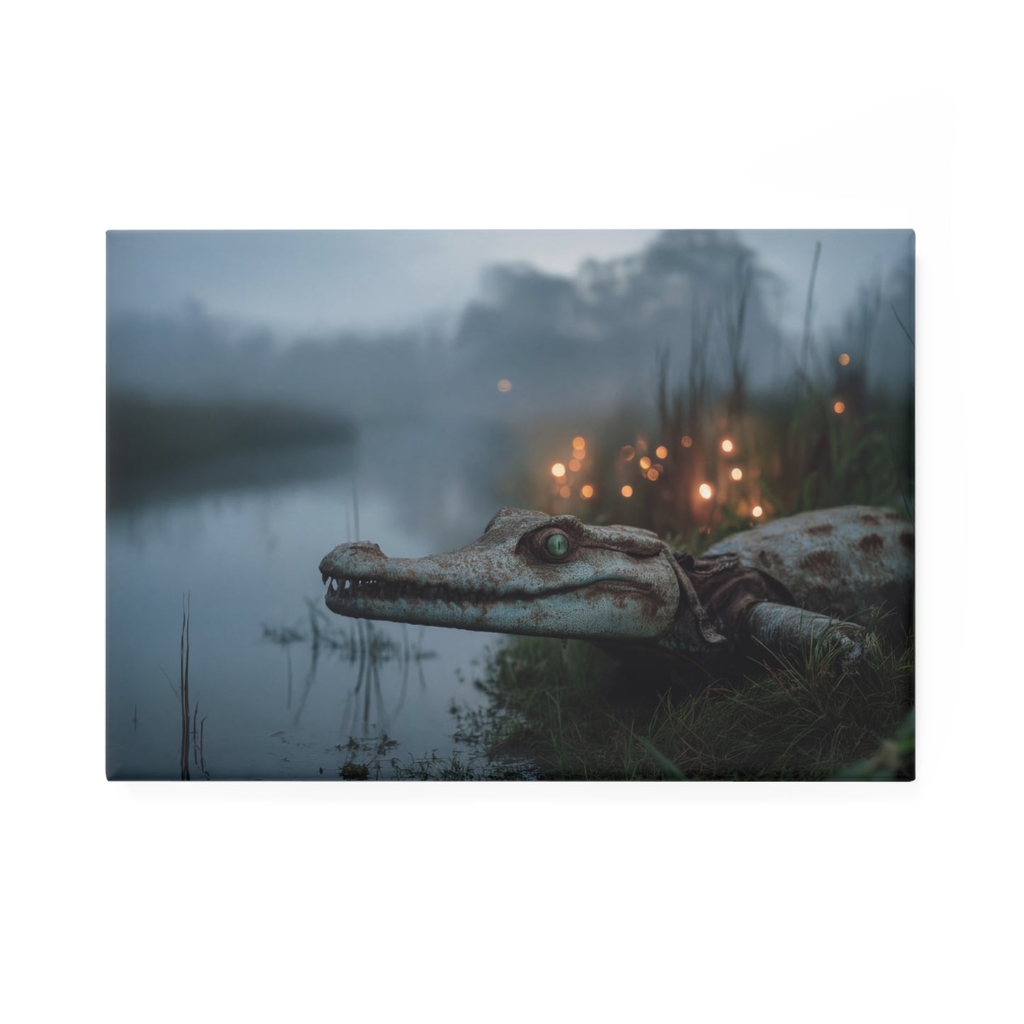 Misty Crocodile Watcher Button Magnet, Rectangle (1 & 10 pcs) – Emerald Gaze at Dawn’s Edge