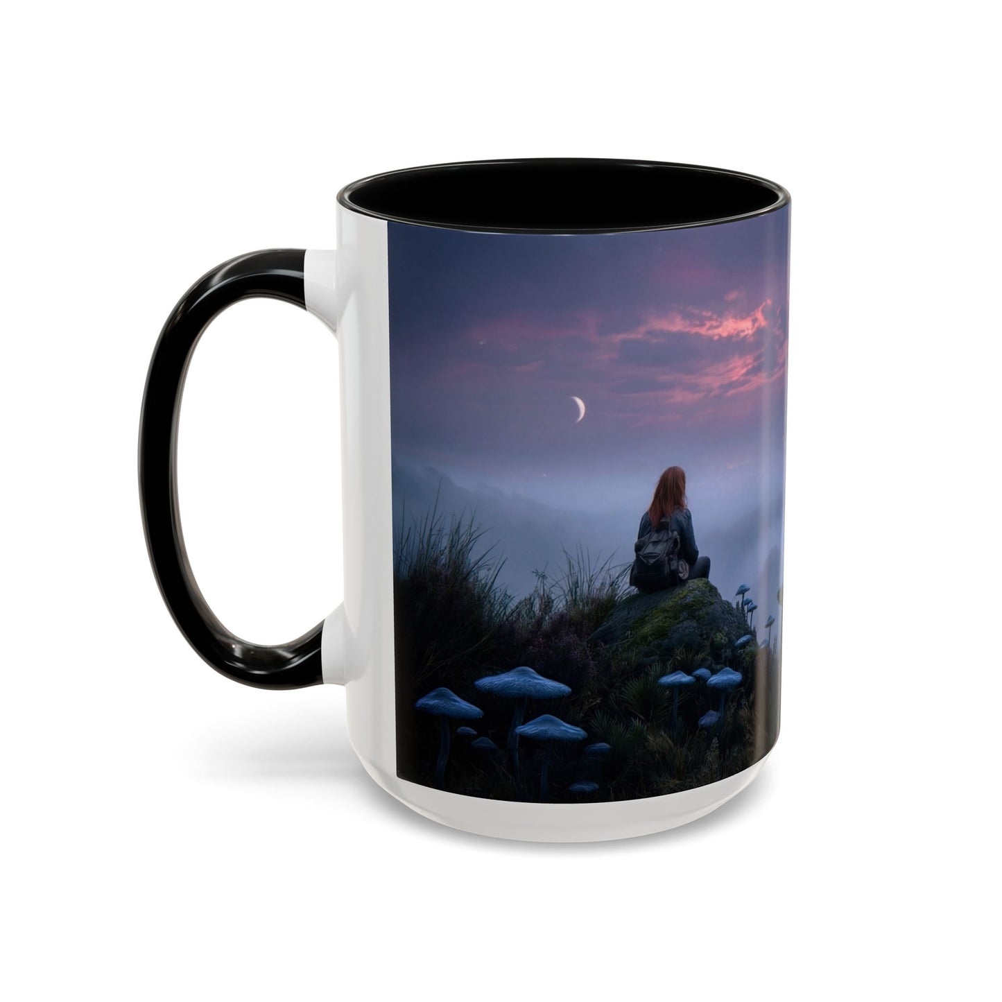 Moonlit Mycophile Accent Coffee Mug (11, 15oz) – Twilight Guardian of the Fungal Peaks