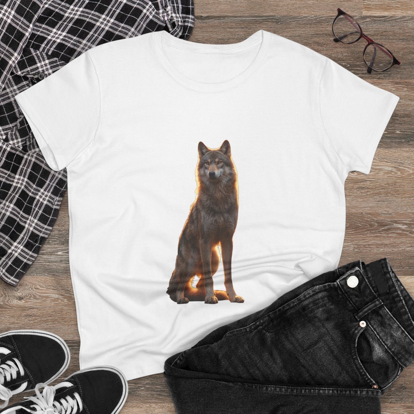 Golden Hour Wolf Women's Midweight Cotton Tee – Sentient Silhouette on Black
