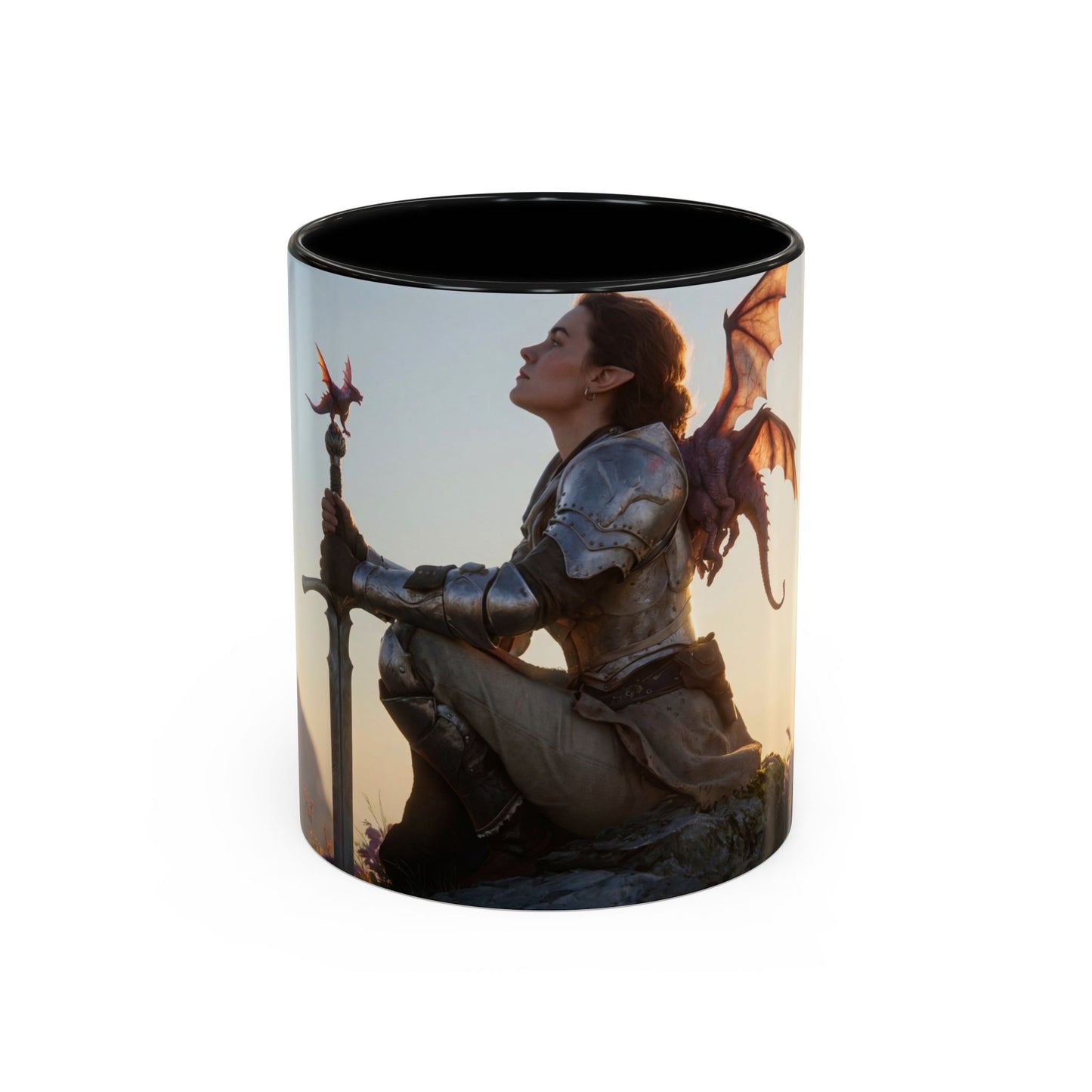 Dragon Rider at Dawn Accent Coffee Mug (11, 15oz) – Sunset Sentinel and Whispering Scale