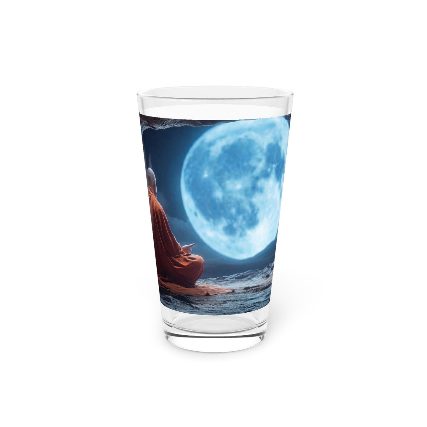Moonlit Monk Meditation Pint Glass – 16oz Serene Cave Sanctuary