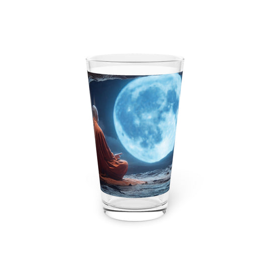 Moonlit Monk Meditation Pint Glass – 16oz Serene Cave Sanctuary