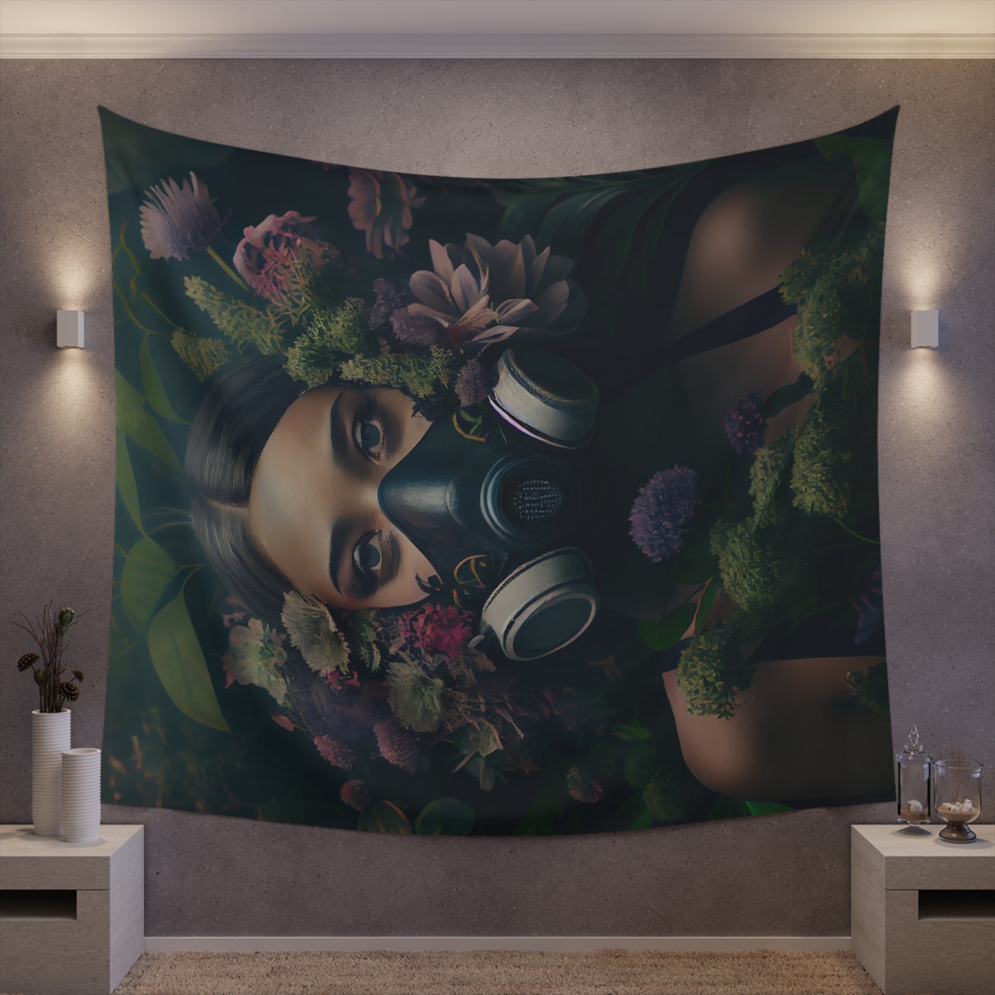 a beautiful woman wearing a gas mask filled with plants and flowers and moss - Printed Wall Tapestry