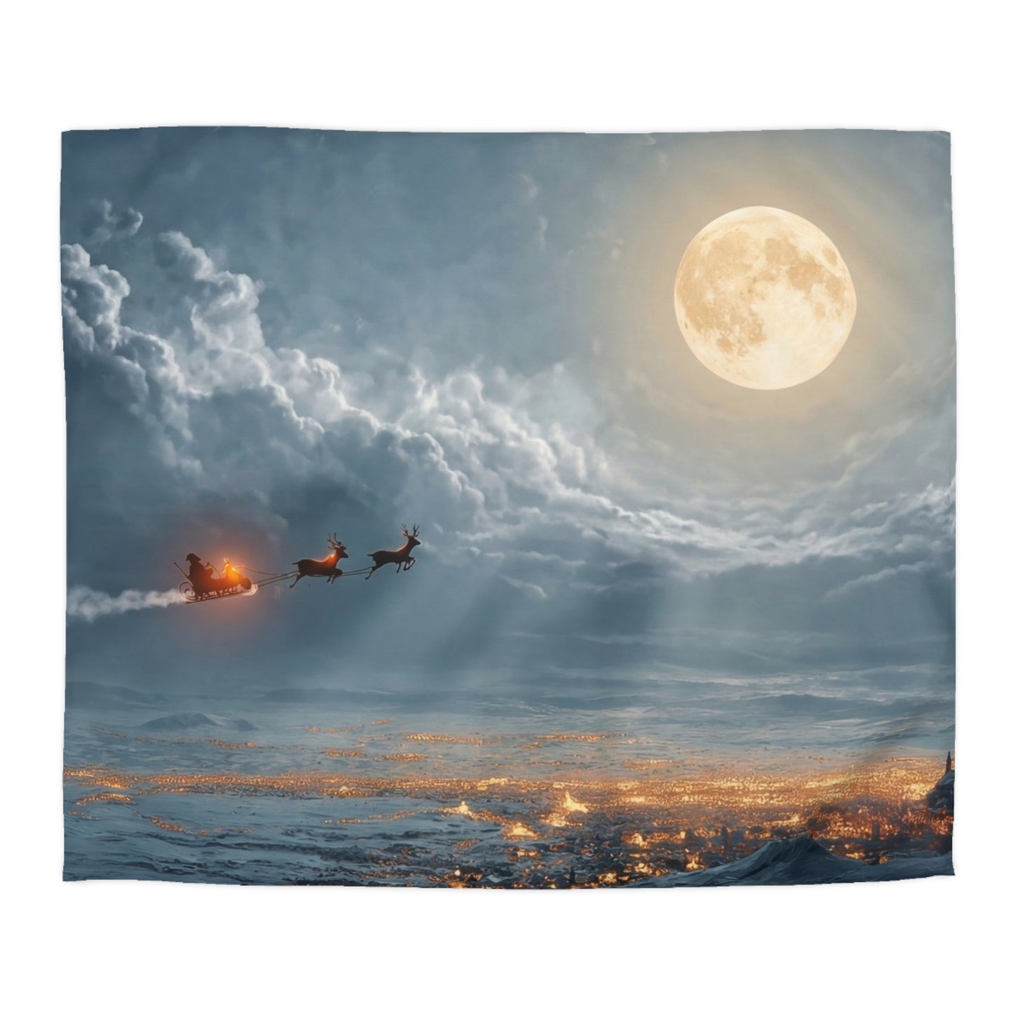 Lunar Sleigh Ride Microfiber Duvet Cover – Midnight Deliveries Over Frost-Covered Towns