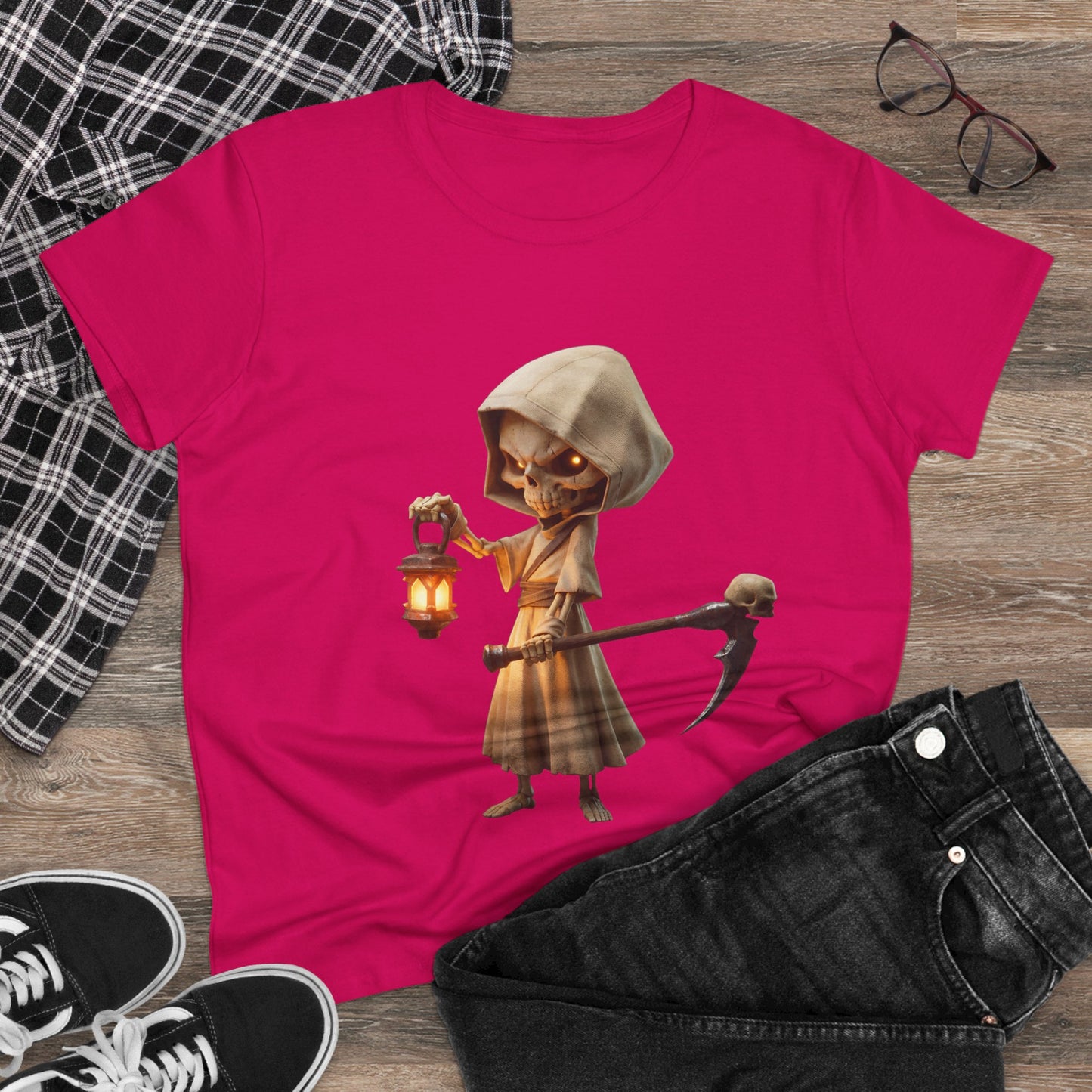 Lantern-Bearing Guardian Women's Midweight Cotton Tee – Hollowed Bone Sentinel