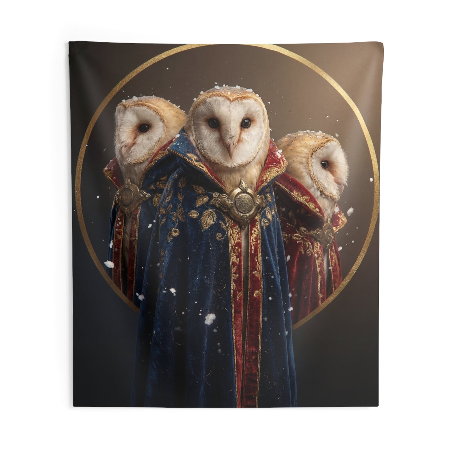 Three Wise Owls Indoor Wall Tapestries – Velvet Cloaks in Winter’s Hush