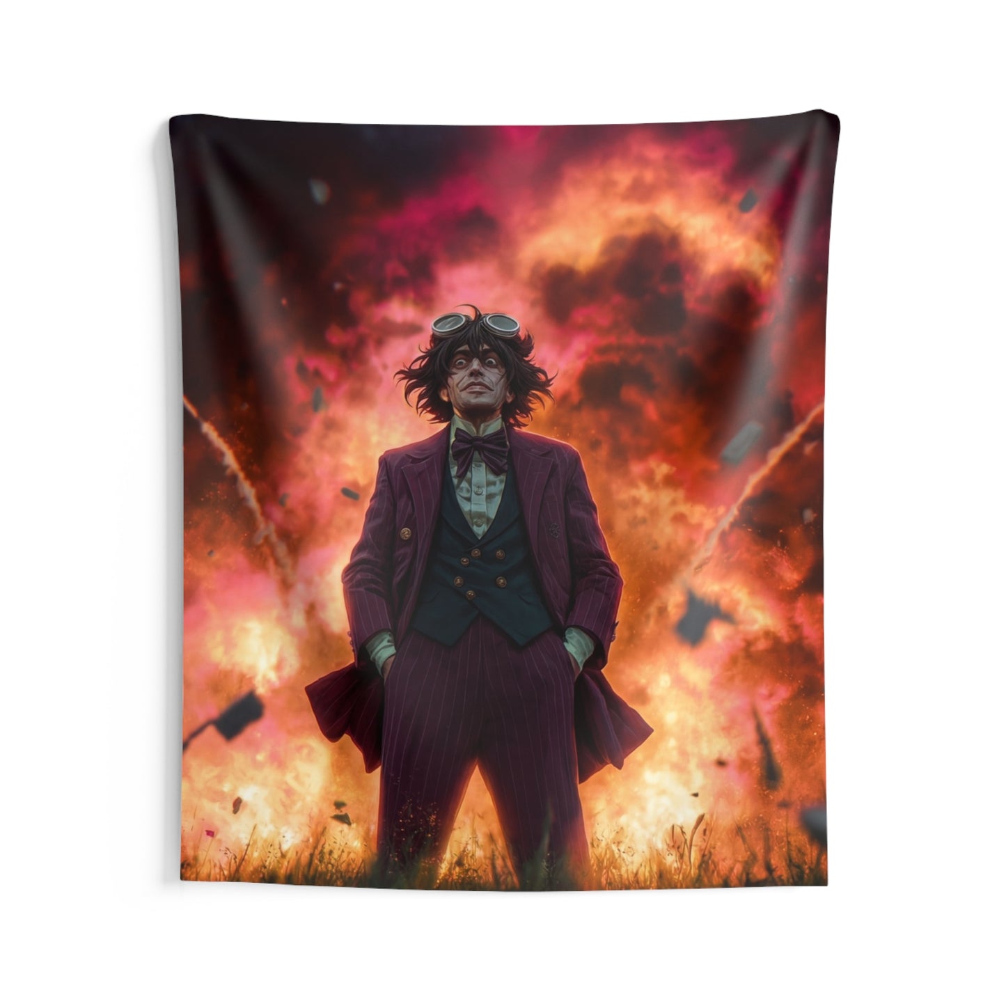 Goggles-Wearer Amidst Crimson Explosion Indoor Wall Tapestries – Calm in the Chaos
