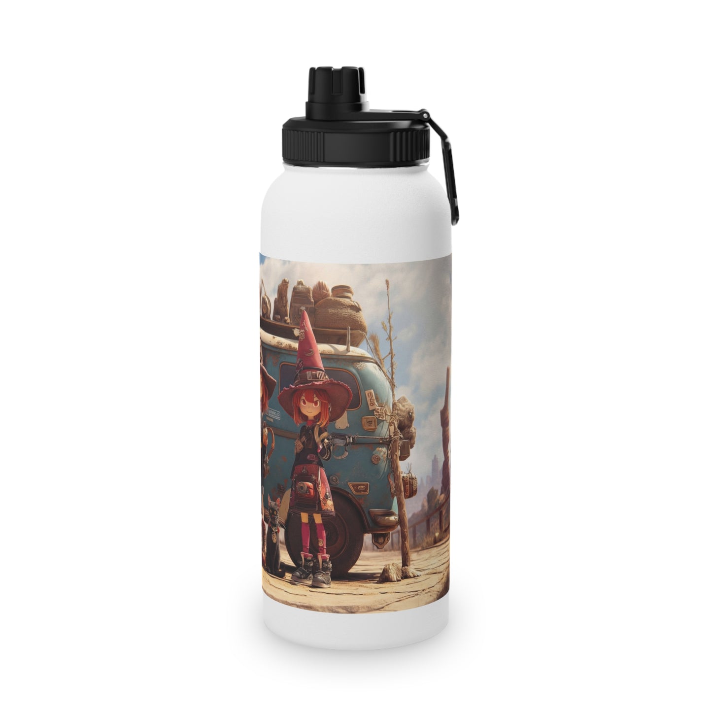 Witch Trio Roadtrip Stainless Steel Water Bottle, Sports Lid – Dusty Desert Spellbound