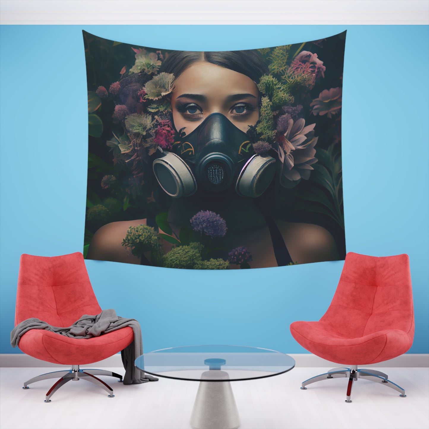 a beautiful woman wearing a gas mask filled with plants and flowers and moss - Printed Wall Tapestry