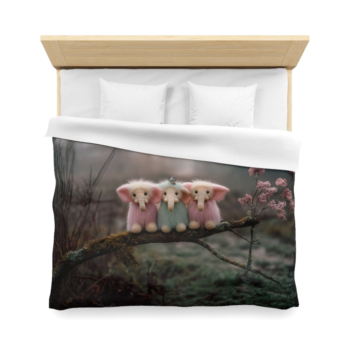 Mossy Branch Elephant Trio Duvet Cover – Pastel Forest Guardians