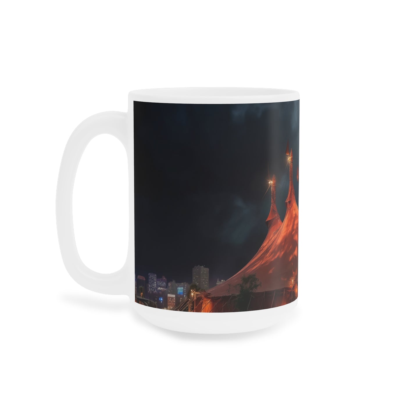 Crimson Circus Tent Mugs – Neon Nightscape Under Stormy Skies