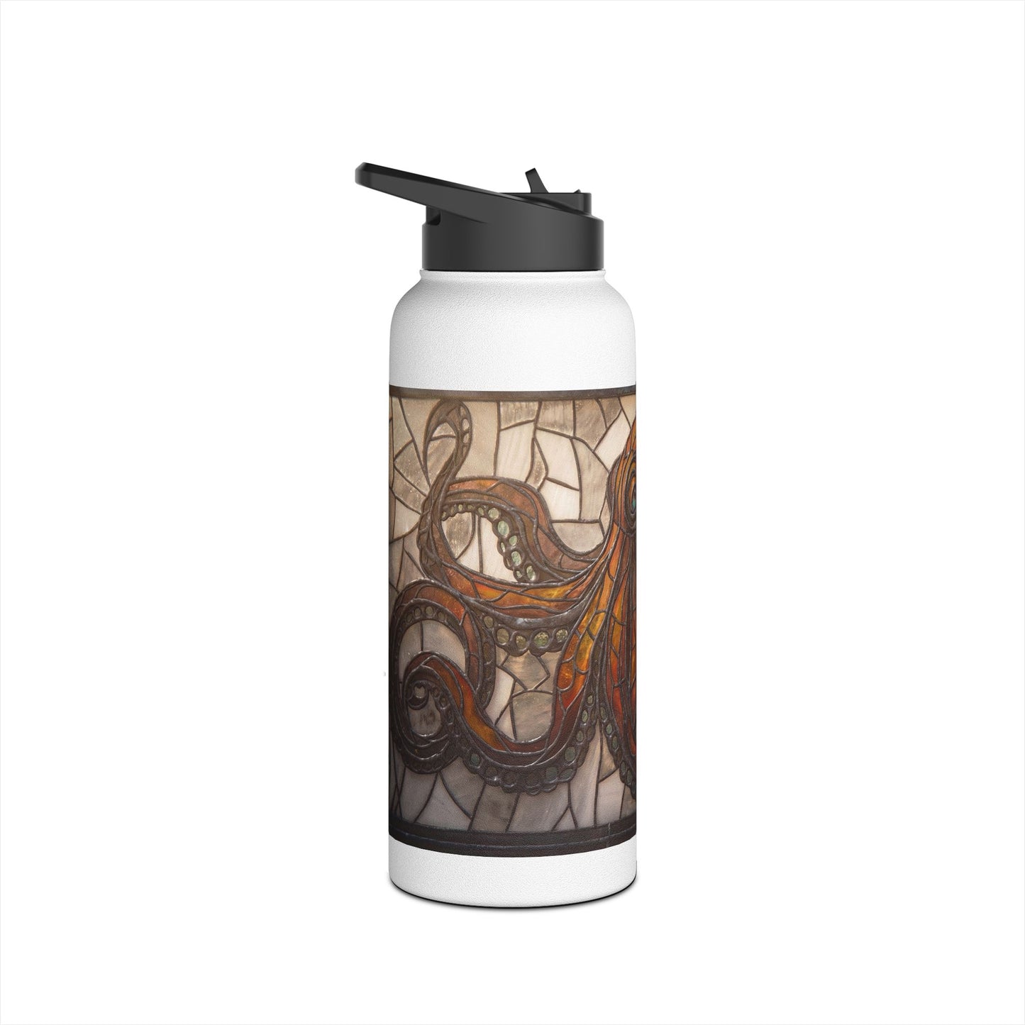 Stained Glass Octopus Water Bottle – Amber Depths and Iron Lace