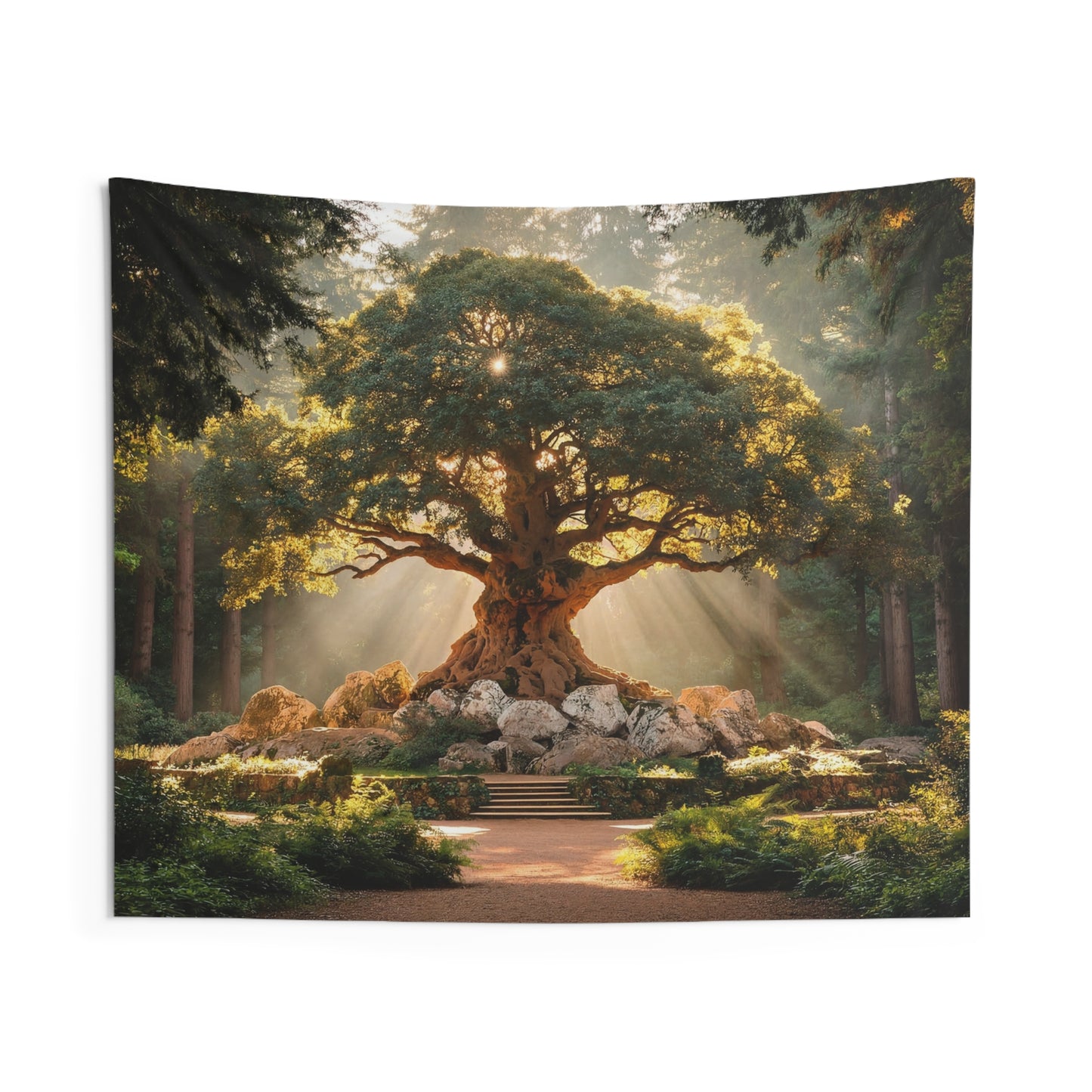 Sunlit Ancient Grove Tapestry – Golden Rayed Wisdom Tree