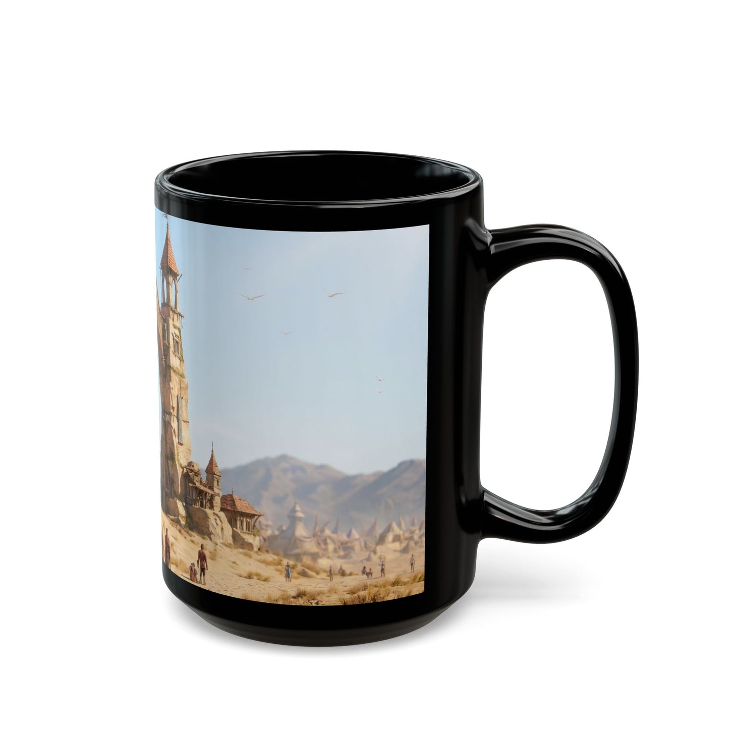 Desert Citadel Black Mug – Sunlit Ruins & Wanderer’s Path