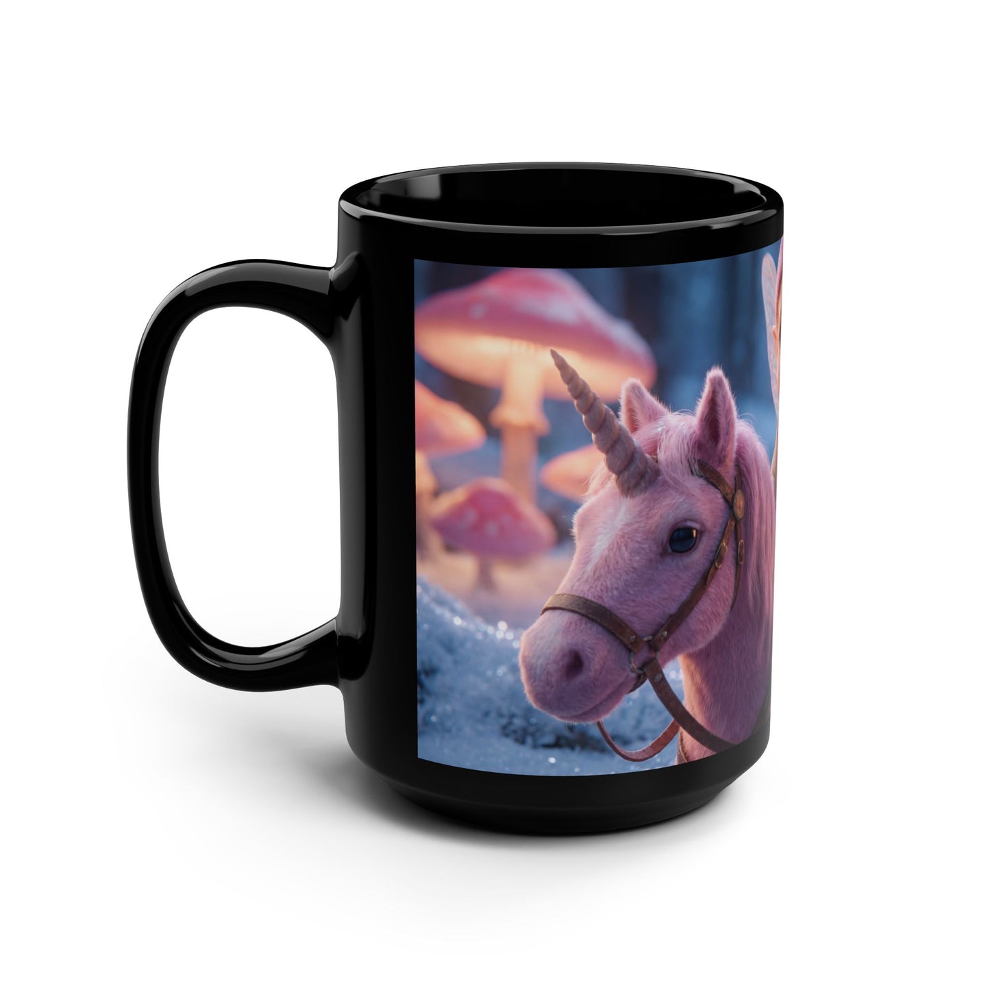 Pink Unicorn & Fairy Child Black Mug, 15oz – Winter Enchanted Forest Companion