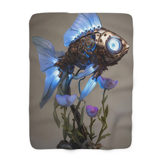 Steampunk Goldfish Sherpa Fleece Blanket – Luminescent Mechanical Bloom