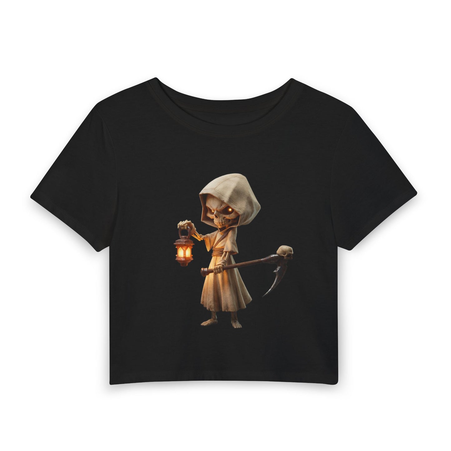 Lantern-Bearing Skeleton Baby Tee – Hooded Guardian with Scythe