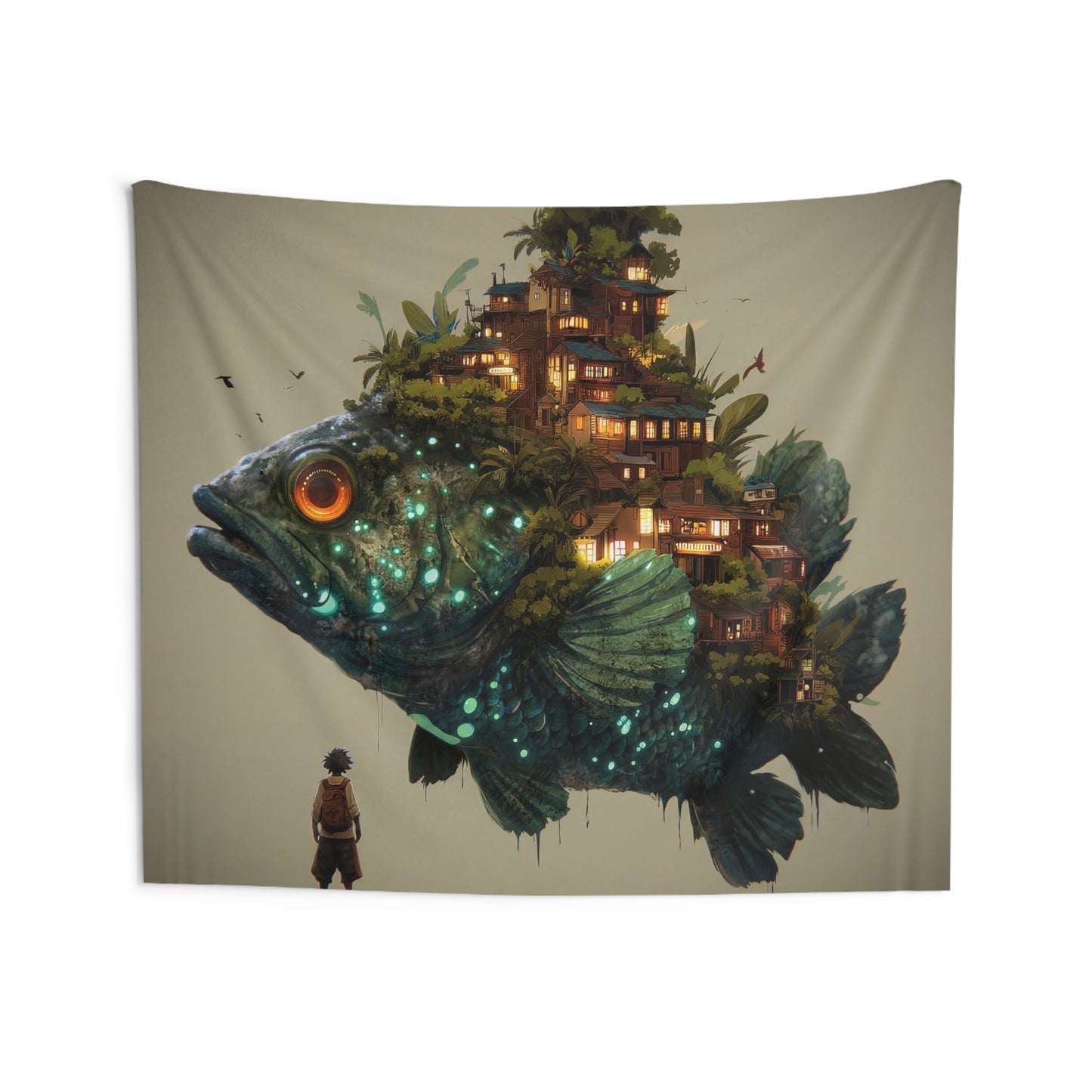 Giant Bioluminescent Fish with Floating Village Indoor Wall Tapestries – A Whispering Ocean Home