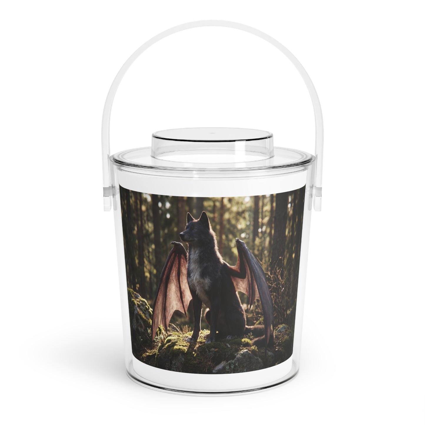Winged Wolf Guardian Ice Bucket with Tongs – Sunlit Forest Sentinel